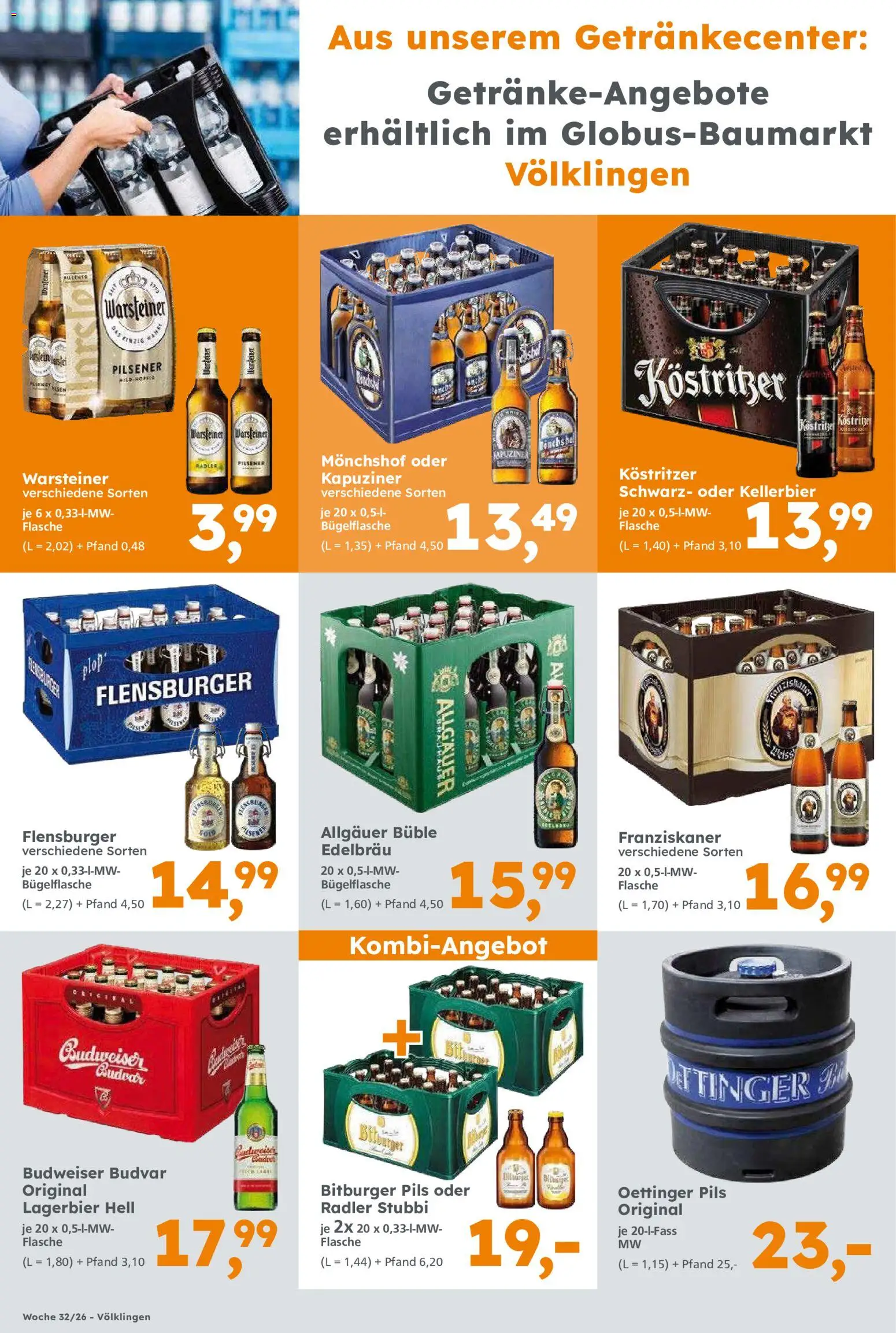 Globus Baumarkt Prospekt Saarbrücken – gültig ab 03.08.2026 | Seite: 14 | Produkte: Oettinger, Flensburger, Radler, Warsteiner