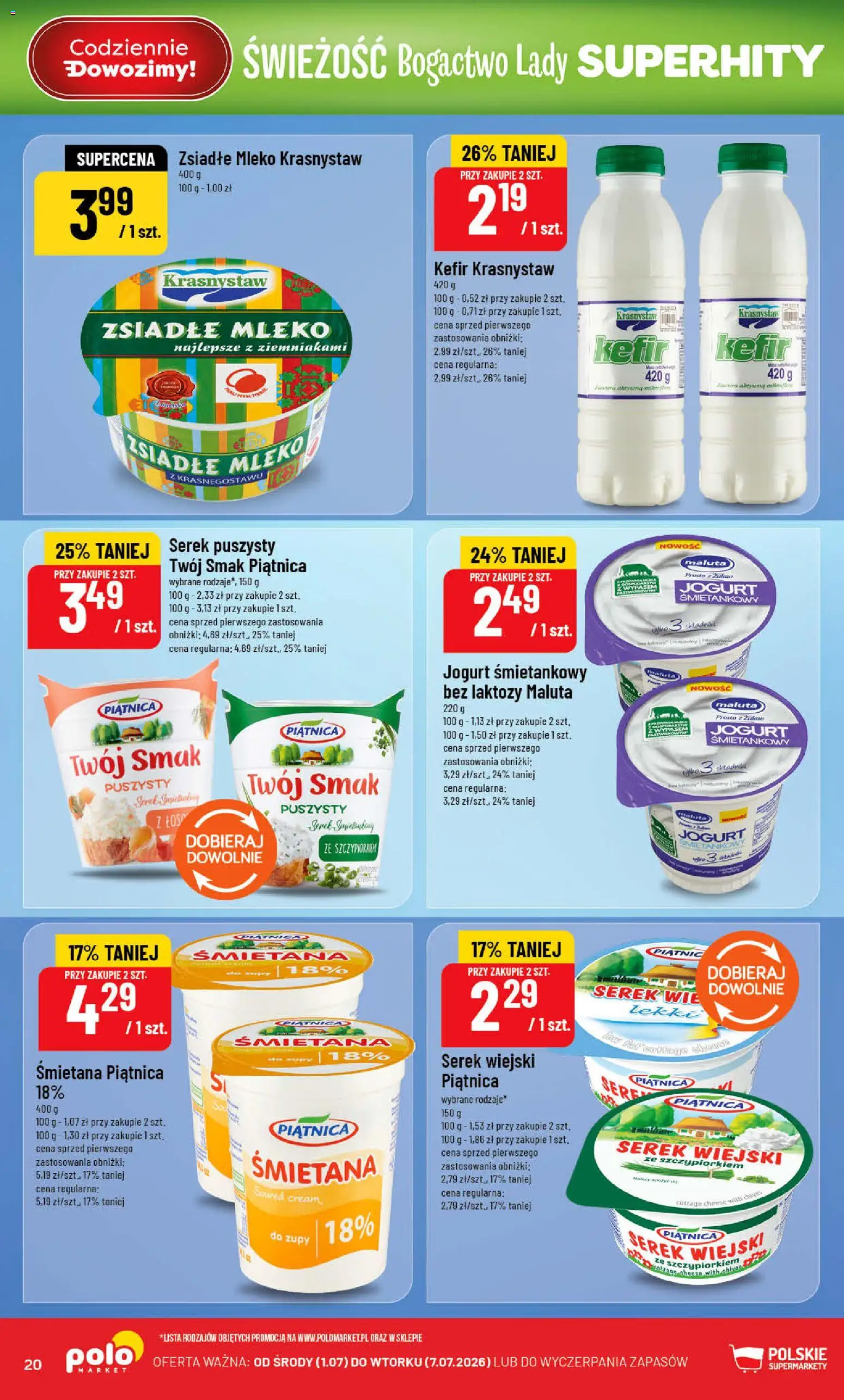 POLOmarket gazetka od 01.07.2026 | Strona: 20 | Produkty: Jogurt śmietankowy, Zsiadłe mleko, Serek wiejski, Jogurt