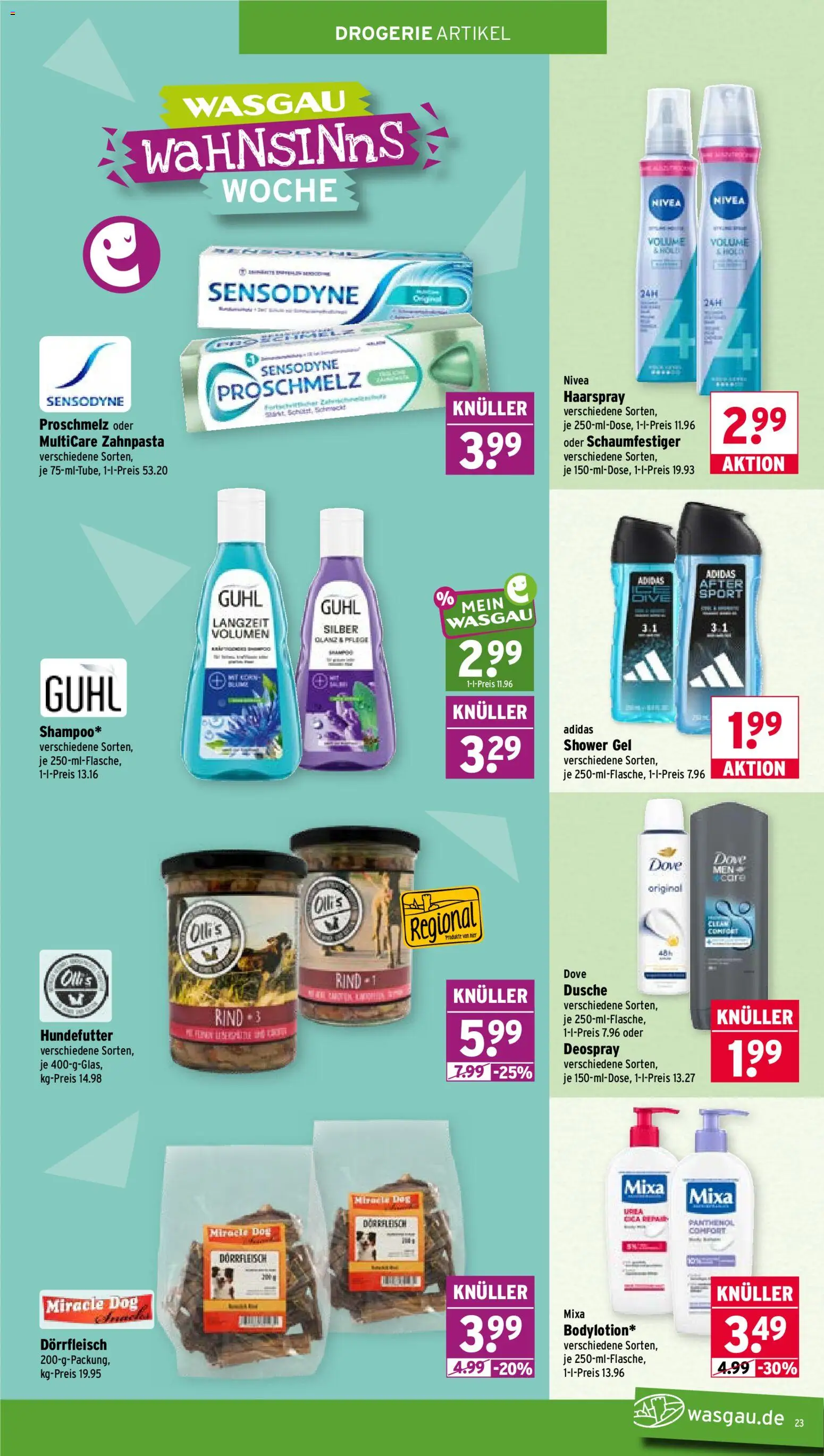 Wasgau Prospekt – gültig ab 28.09.2026 | Seite: 23 | Produkte: Dusche, Haarspray, Zahnpasta, Deospray
