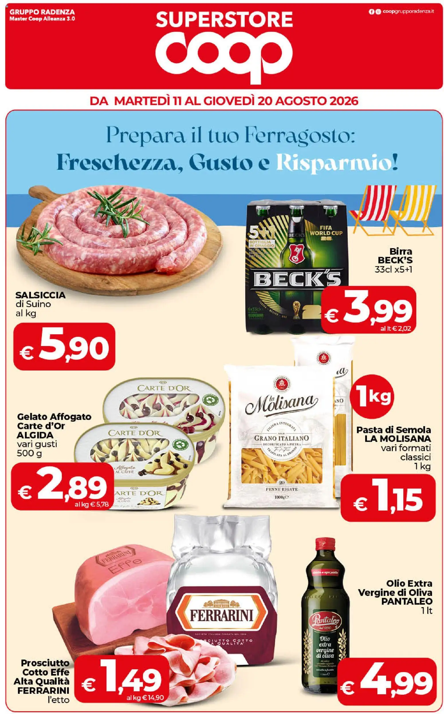 Volantino COOP del 11/08/2026 | Pagina: 1 | Prodotti: Birra Beck's, Caffè, La Molisana, Suino