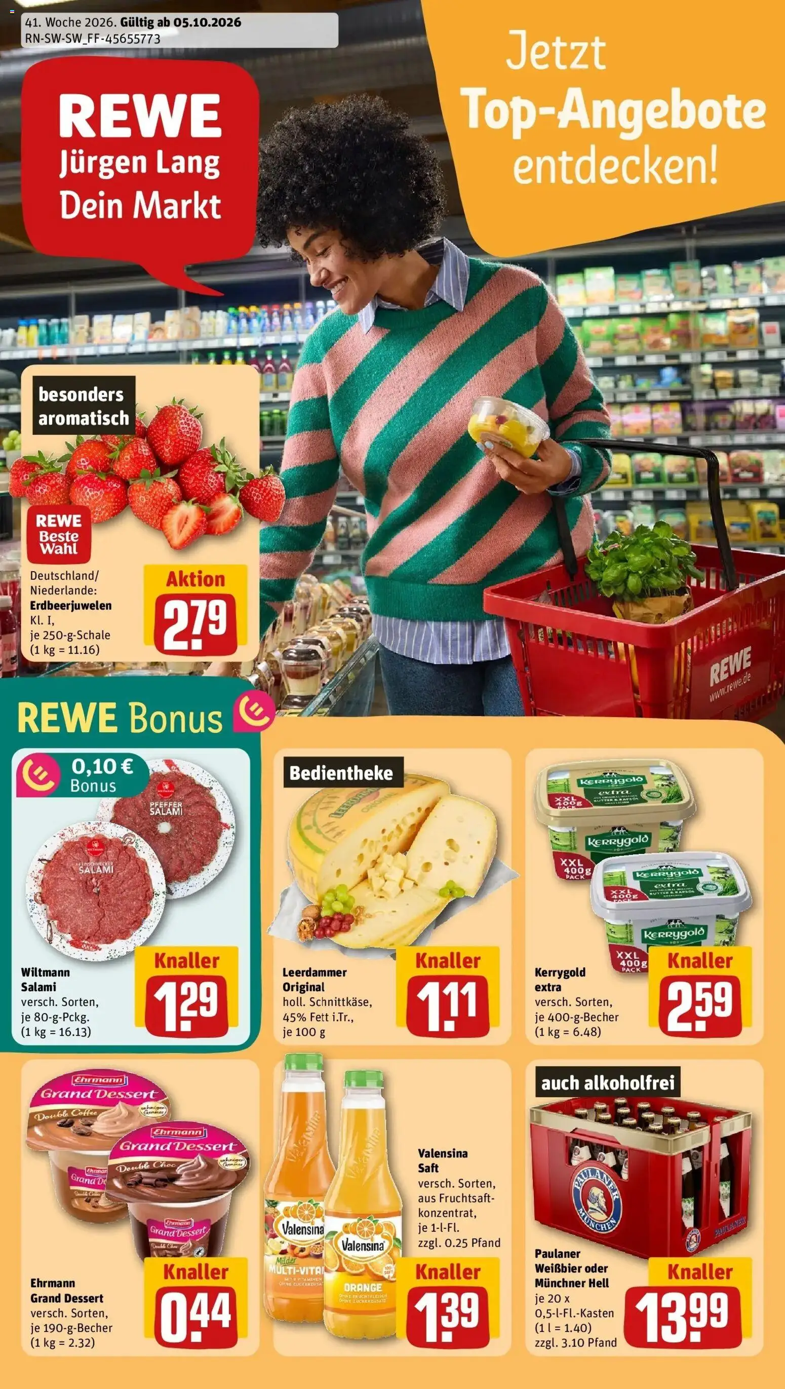 REWE Prospekt ab 05.10.2026 zum Blättern » Angebote | Seite: 1 | Produkte: Weißbier, Salami, Saft, Fruchtsaft