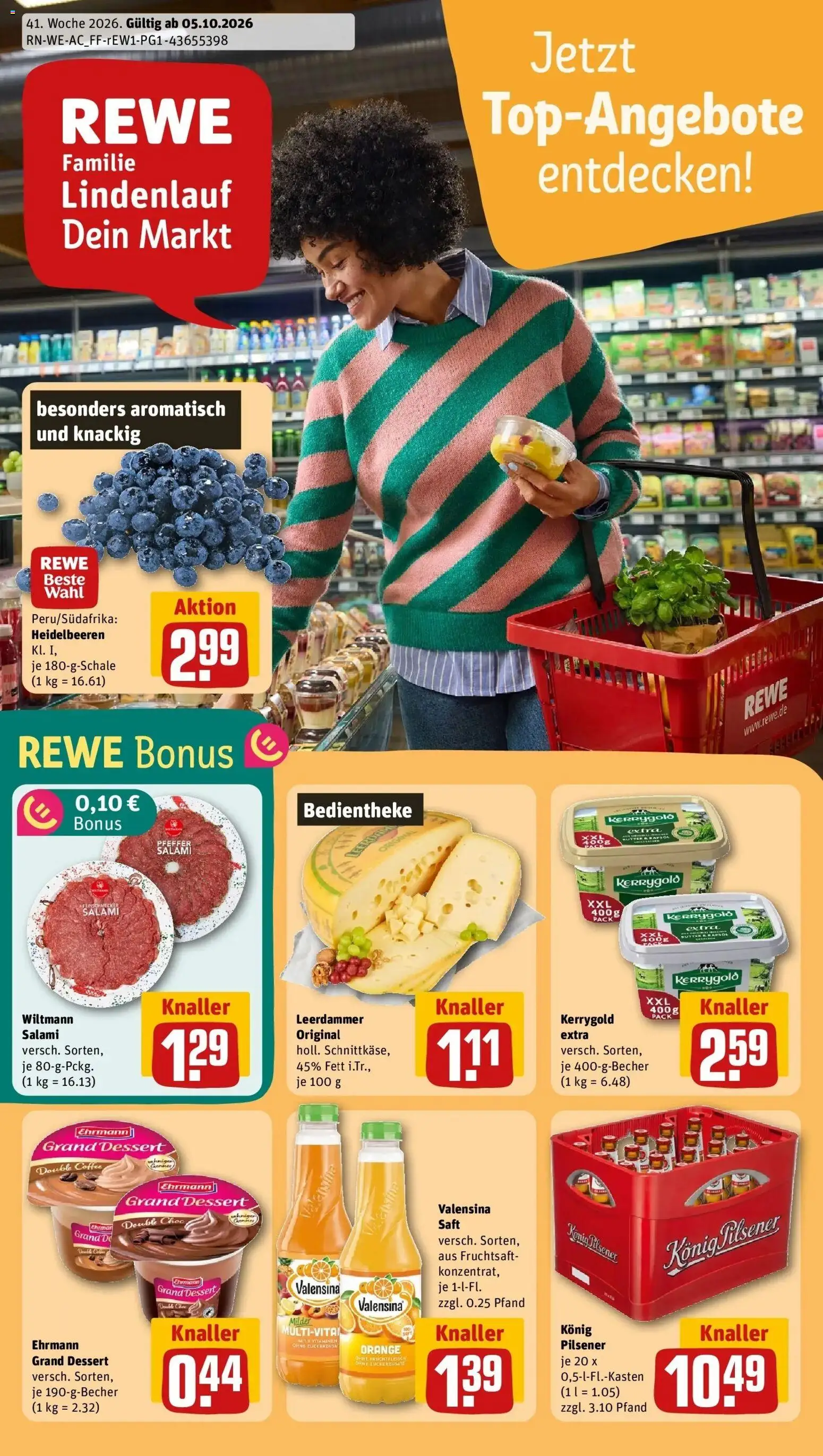 REWE Prospekt ab 05.10.2026 zum Blättern » Angebote | Seite: 1 | Produkte: Butter, Ehrmann grand dessert, Leerdammer, Heidelbeeren