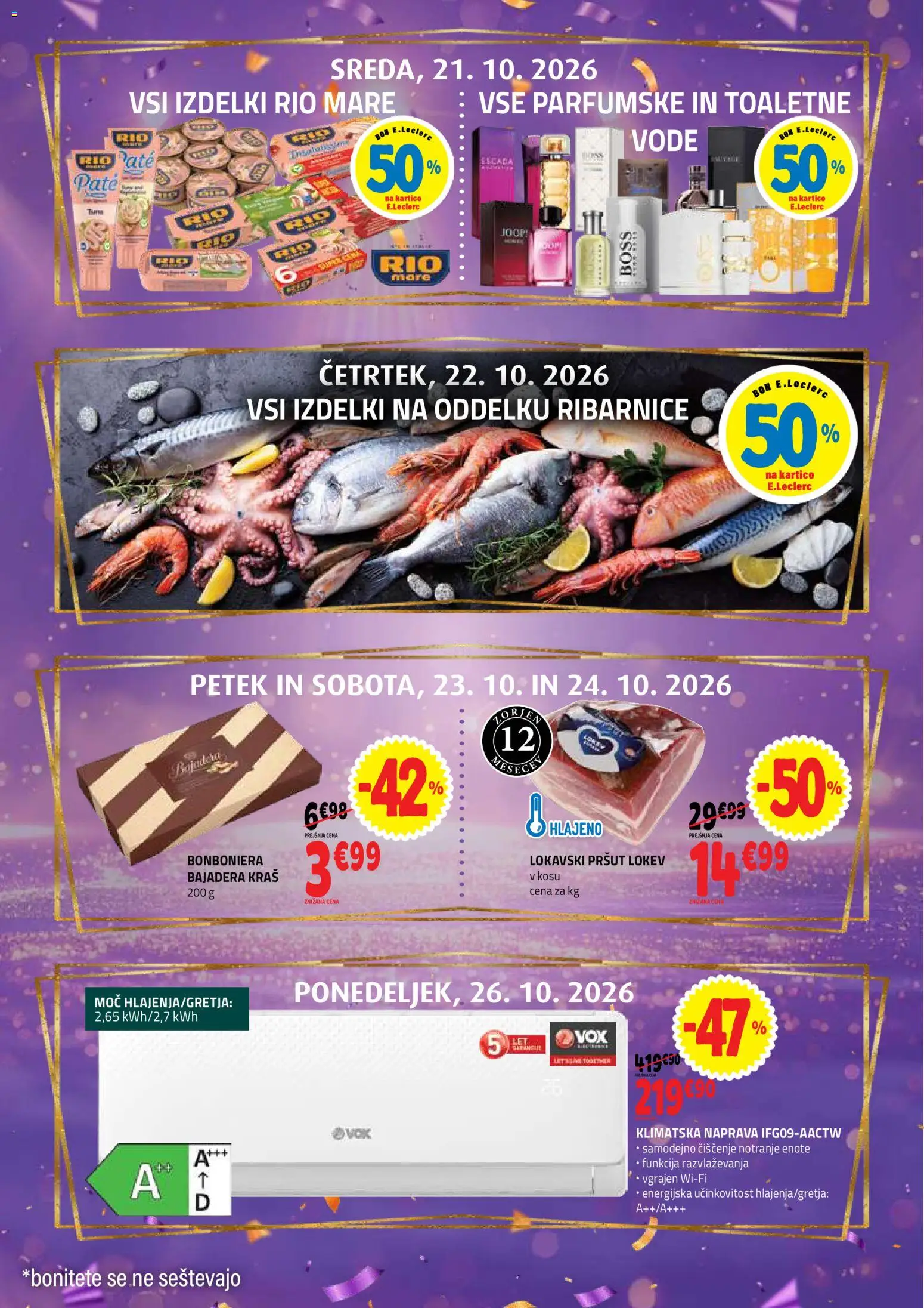 Novi E.leclerc katalog ponudbe – veljaven od 21.10.2026 | Stran: 2 | Izdelki: Pršut, Klimatska naprava, Bonboniera