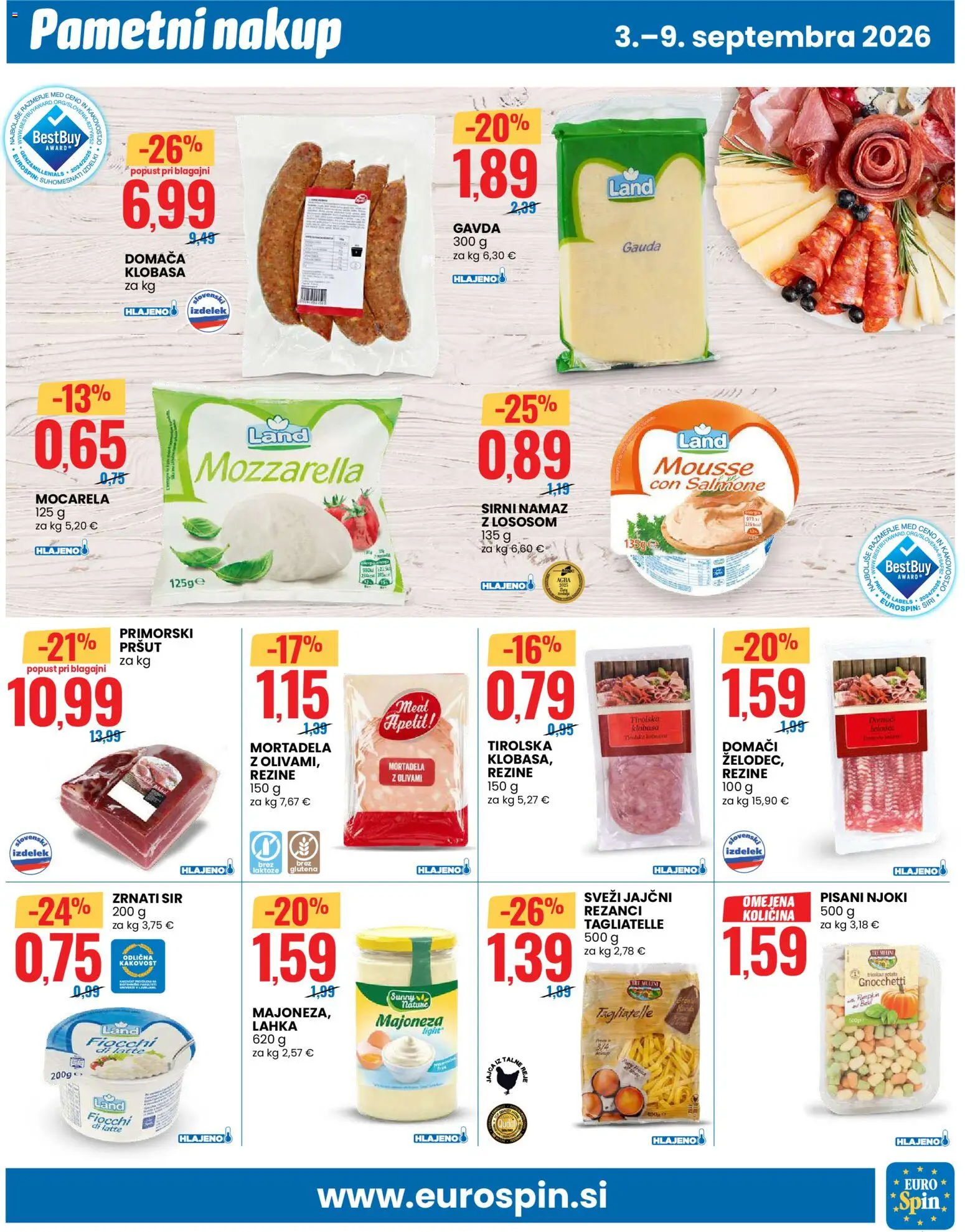 Novi Eurospin katalog ponudbe – veljaven od 03.09.2026 | Stran: 7 | Izdelki: Mortadela, Rezanci, Mozzarella, Namaz