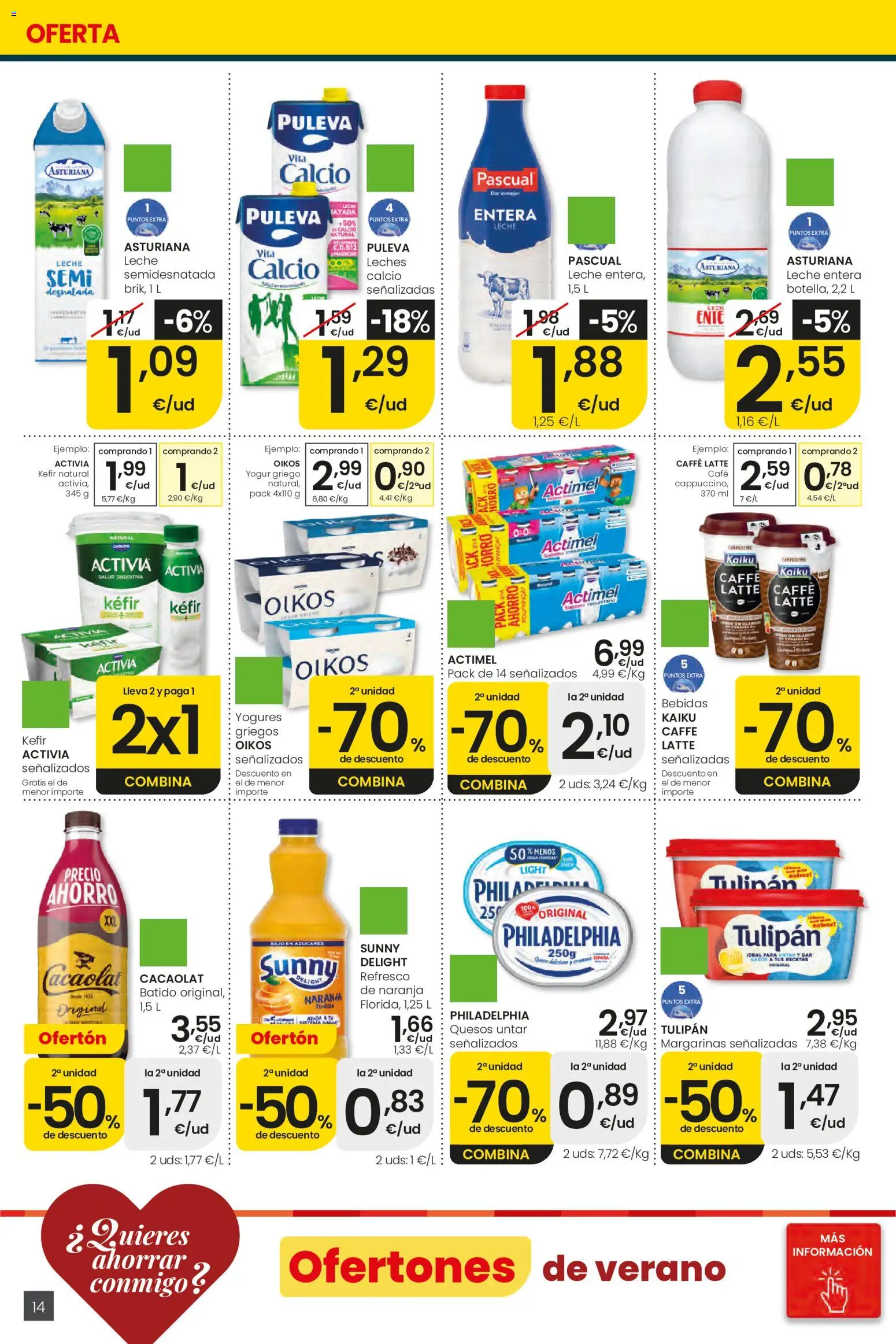Eroski Ofertones de verano │ válido desde el 28.05.2026 | Página: 14 | Productos: Leche entera, Yogur, Café, Μαγειρική εστία