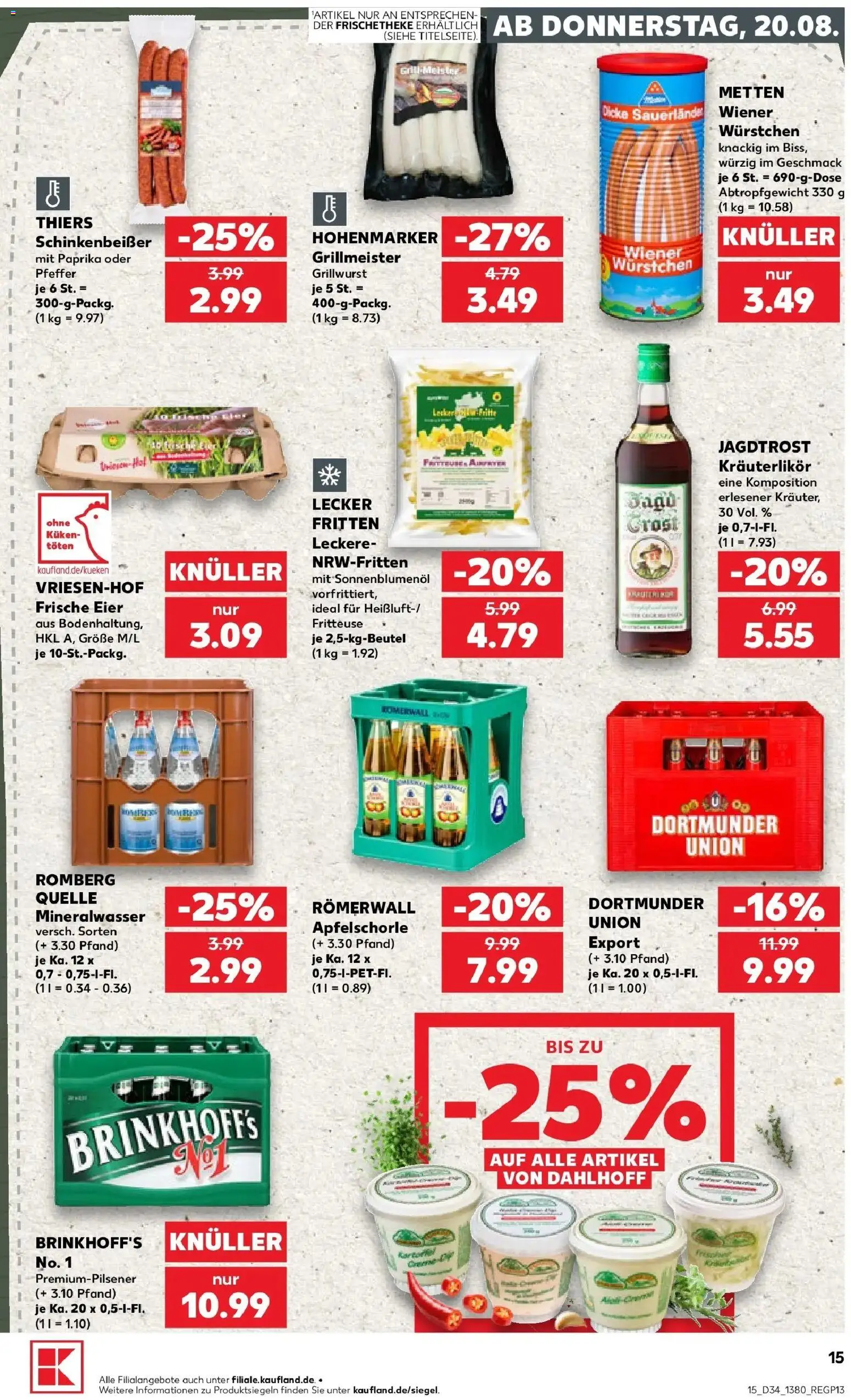 Prospekt Kaufland ab 20.08.2026 » Angebote Online zum Blättern | Seite: 15 | Produkte: Wiener wurstchen, Eier, Sonnenblumenol, Mineralwasser