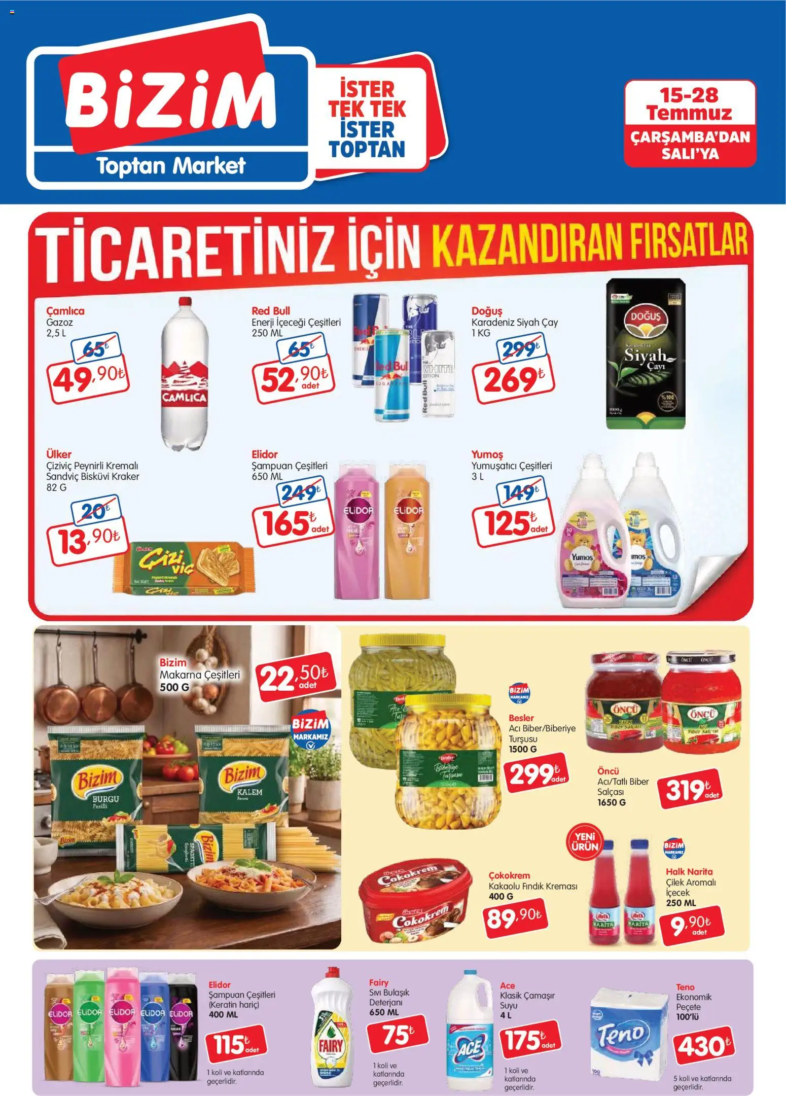 Bizim Toptan - Geleneksel kanal kataloğu - 15 Temmuz 2026 tarihinden itibaren geçerlidir | Sayfa: 1 | Ürünler: Şampuan, Fındık, Biber, Enerji içeceği