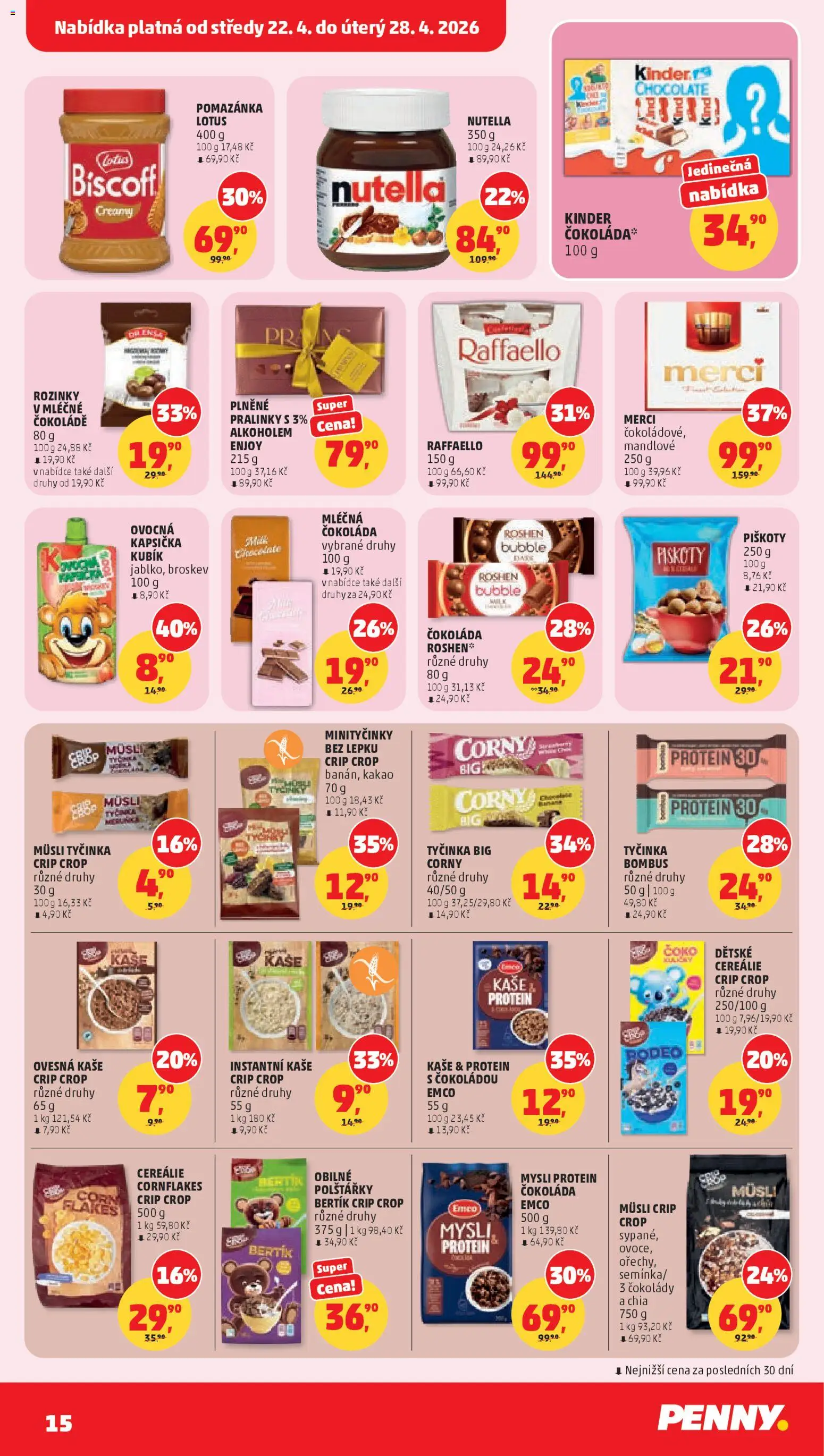 Penny Market leták od 22.04.2026 | Strana: 15 | Produkty: Piškoty, Pomazánka, Müsli tyčinka, Nutella