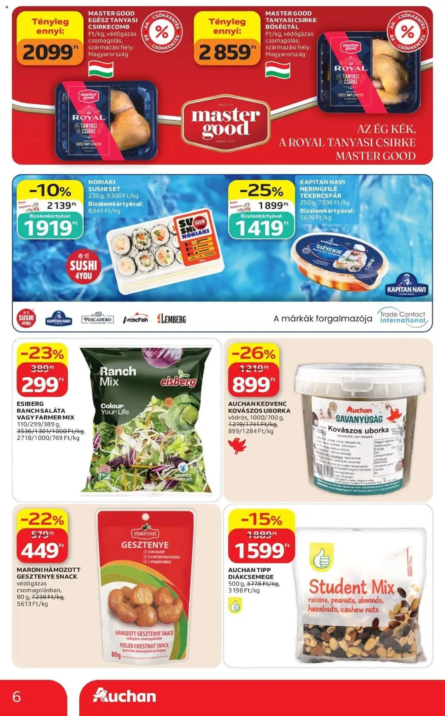 Auchan akciós újság Szolnok - 2026.08.20. -tól/töl > akció, lapozható szórólap 🛍️ | Oldal: 6 | Termékek: Farmer, Sushi, Savanyúság, Gesztenye