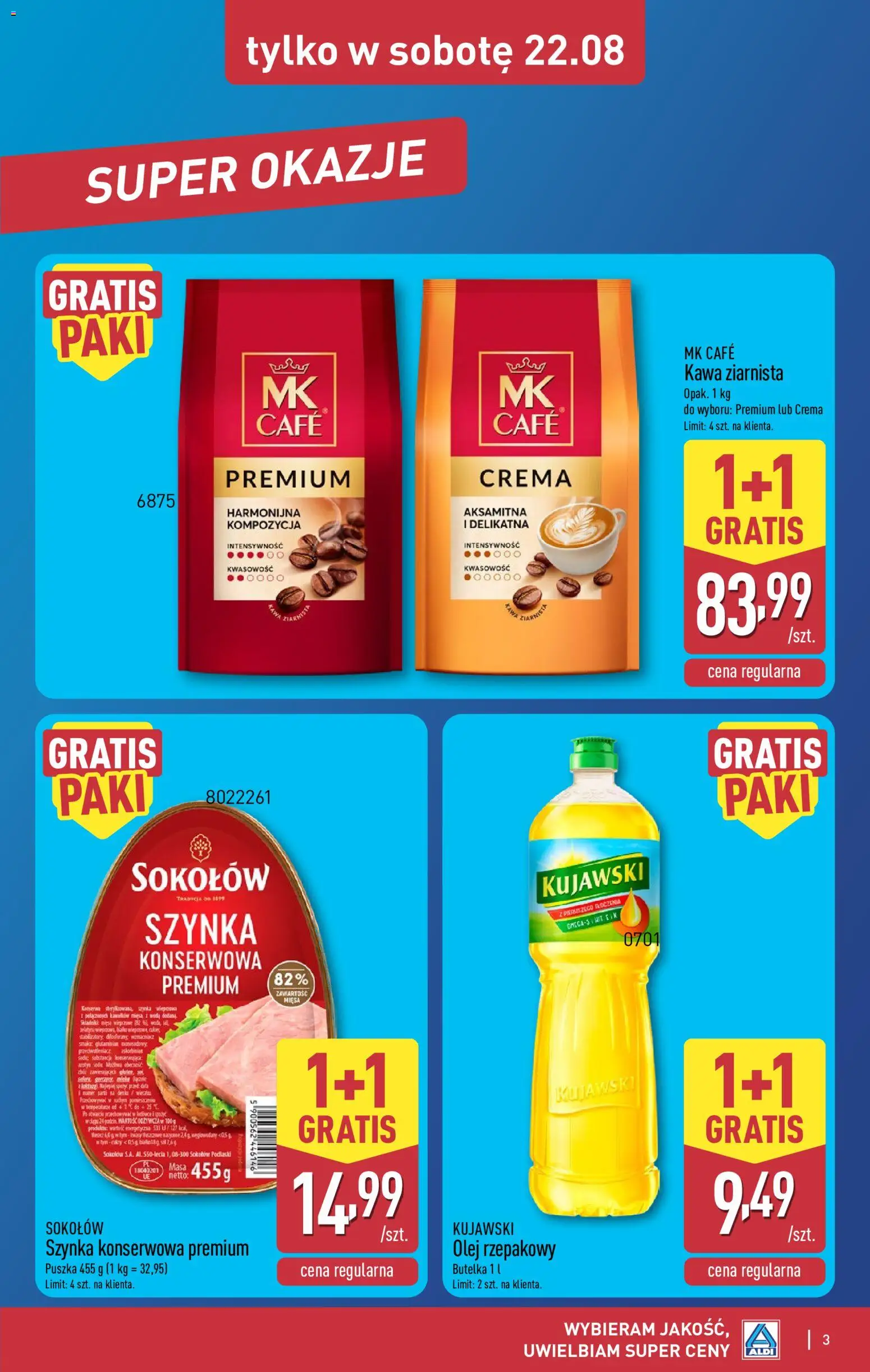 Aldi gazetka - Oferta weekendowa od 20.08.2026 | Strona: 3 | Produkty: Olej rzepakowy, Szynka konserwowa, Olej, Kawa