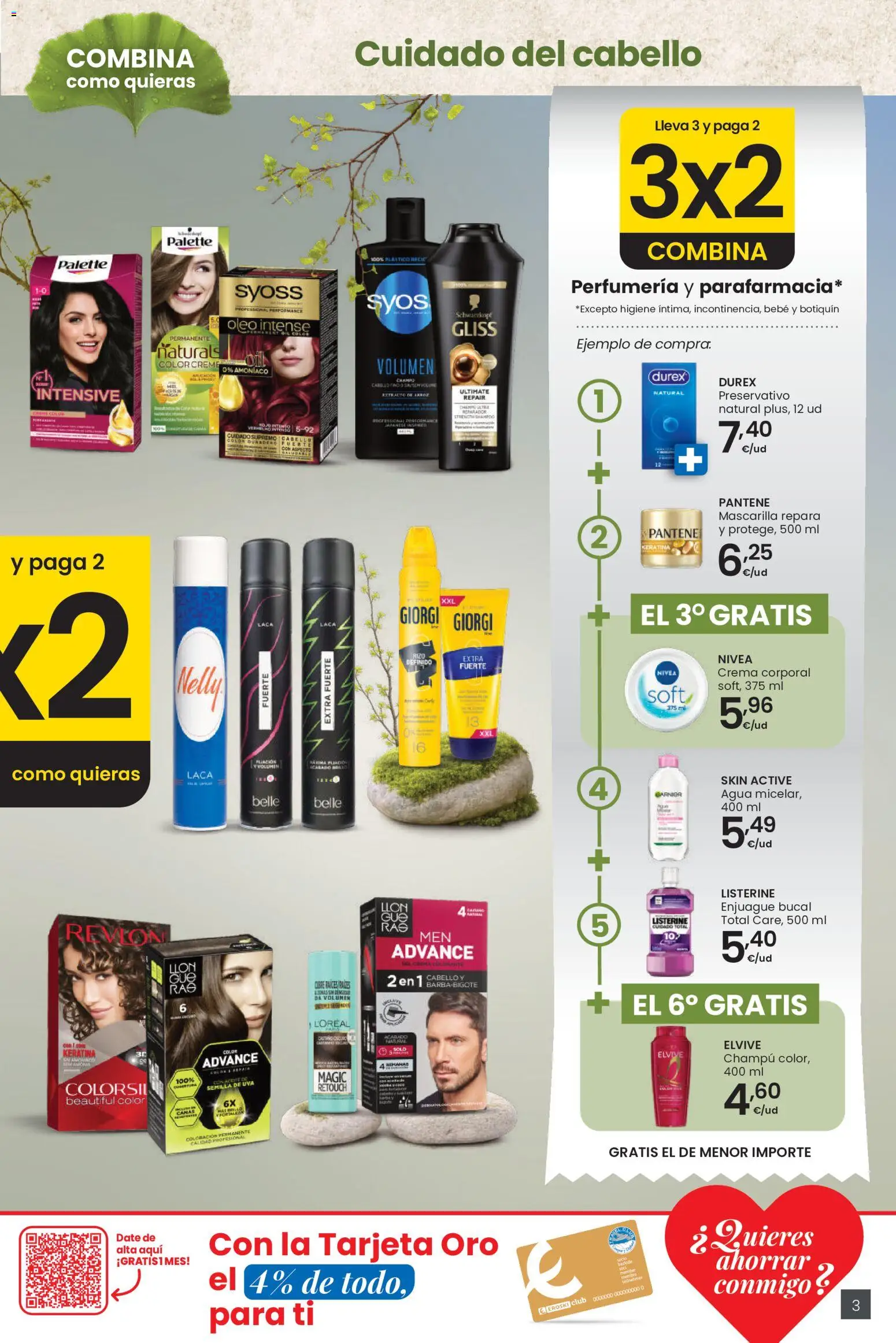 Eroski 3x2 En toda la perfumería y la parafarmacia │ válido desde el 30.04.2026 | Página: 3 | Productos: Champú, Enjuague bucal, Arroz, Crema