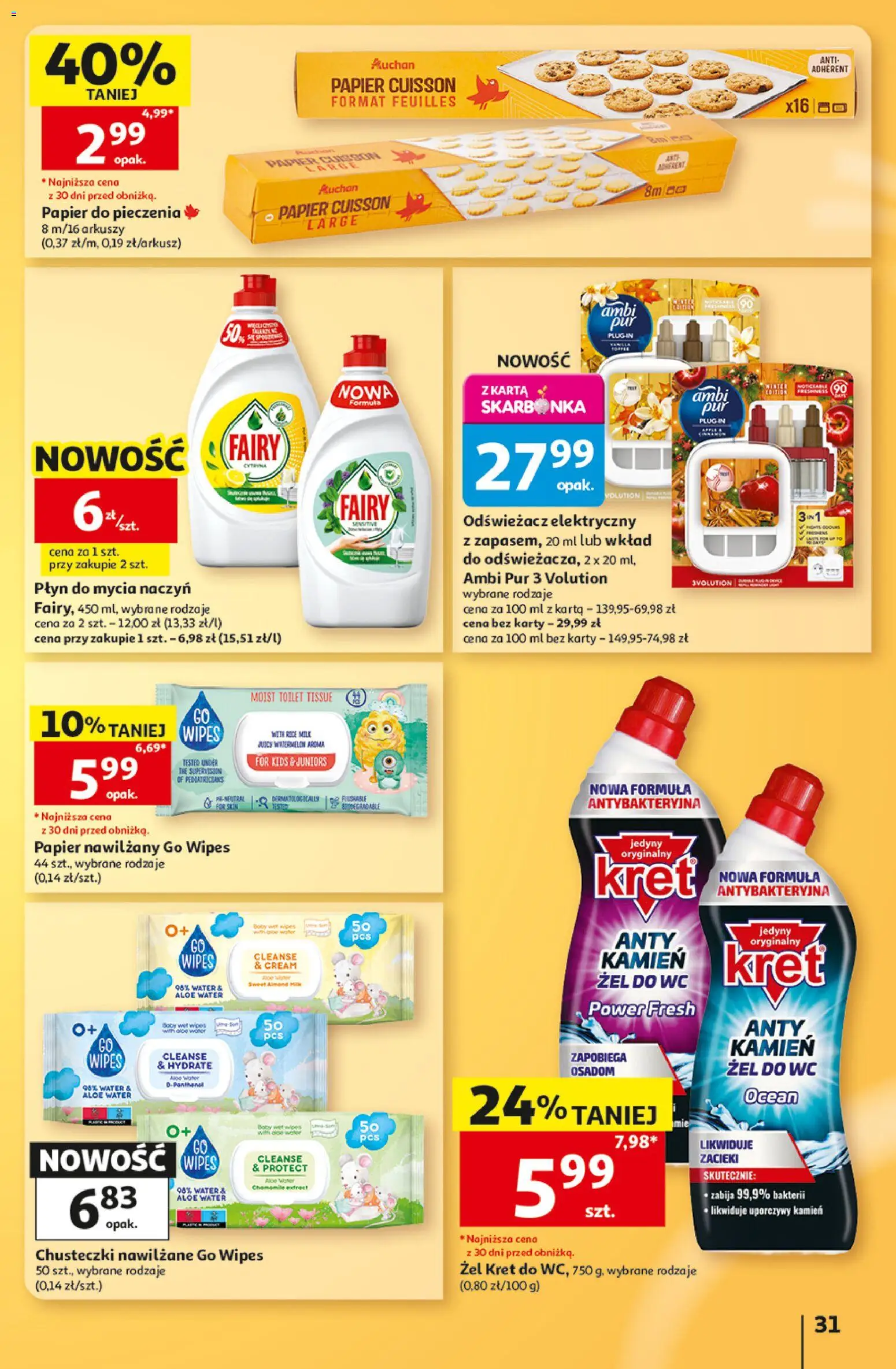 Auchan gazetka - Hipermarket od 15.10.2026 | Strona: 31 | Produkty: Odświeżacz, Chusteczki, Papier do pieczenia, Płyn do mycia naczyń