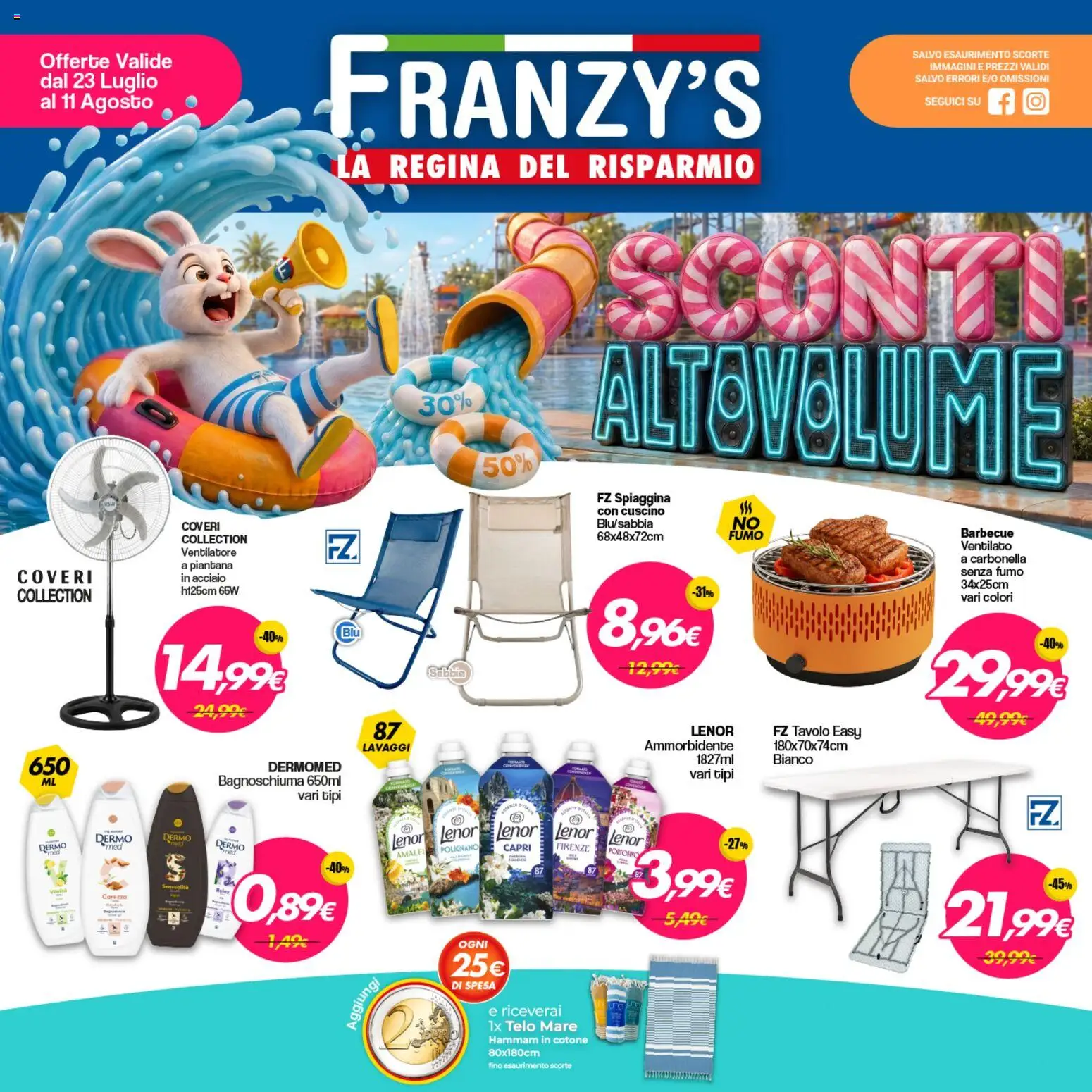 Volantino Franzy's del 23/07/2026 | Pagina: 1 | Prodotti: Bagnoschiuma, Barbecue, Cuscino, Tavolo