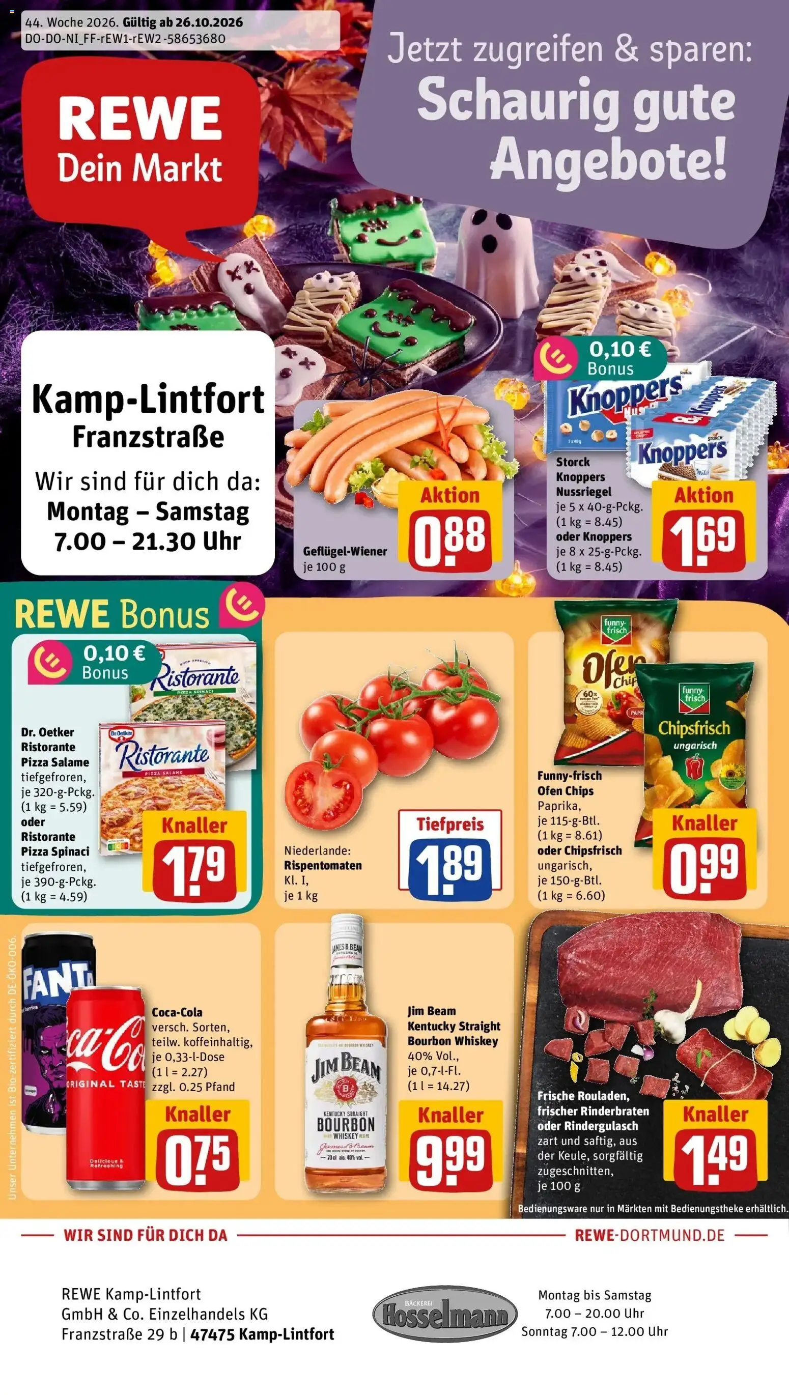 REWE Prospekt ab 26.10.2026 zum Blättern » Angebote | Seite: 1 | Produkte: Ristorante, Rinderbraten, Knoppers, Whiskey