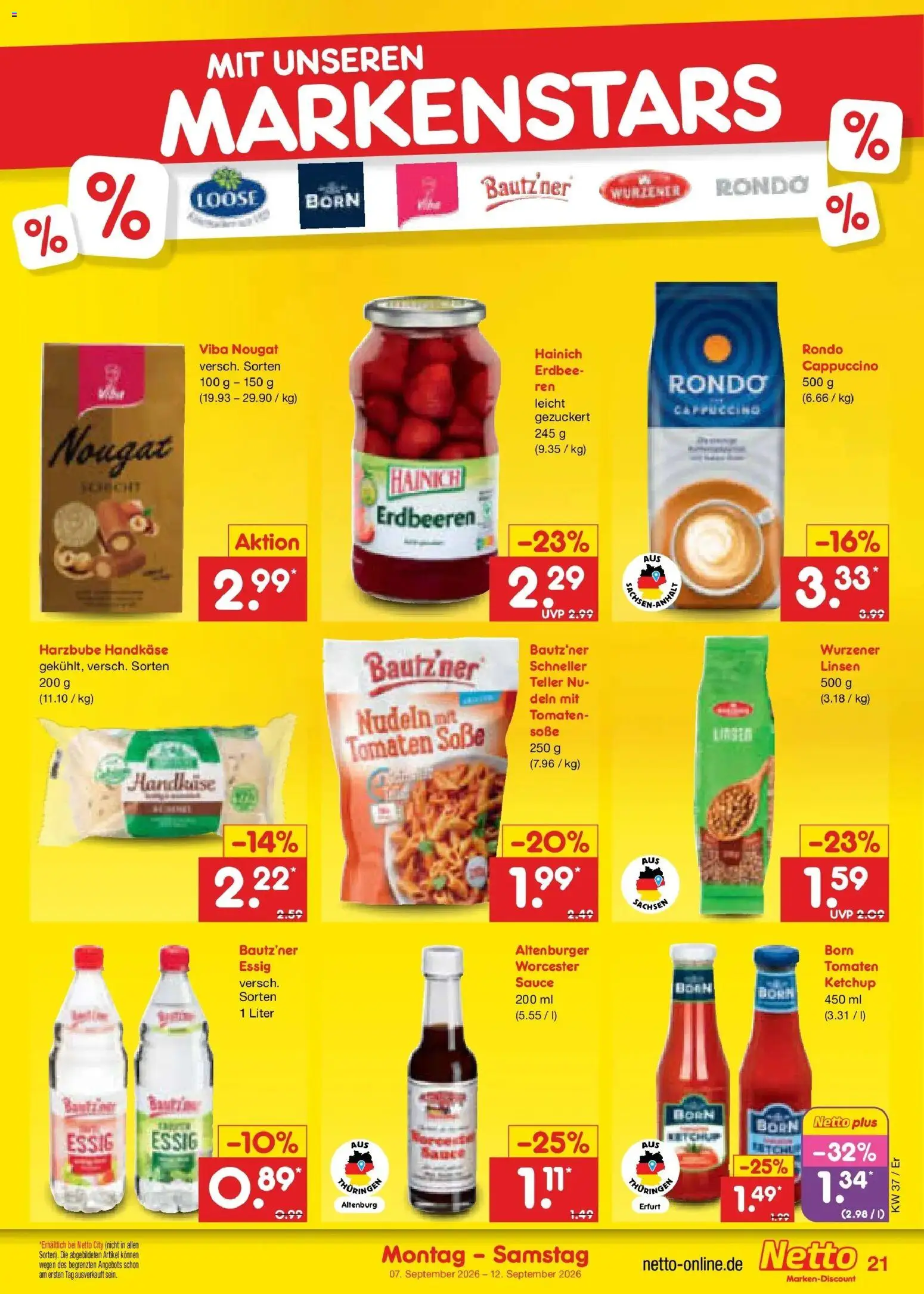 Netto Marken-Discount Prospekt Naumburg – gültig ab 07.09.2026 | Seite: 29 | Produkte: Essig, Soße, Nudeln, Erdbeeren