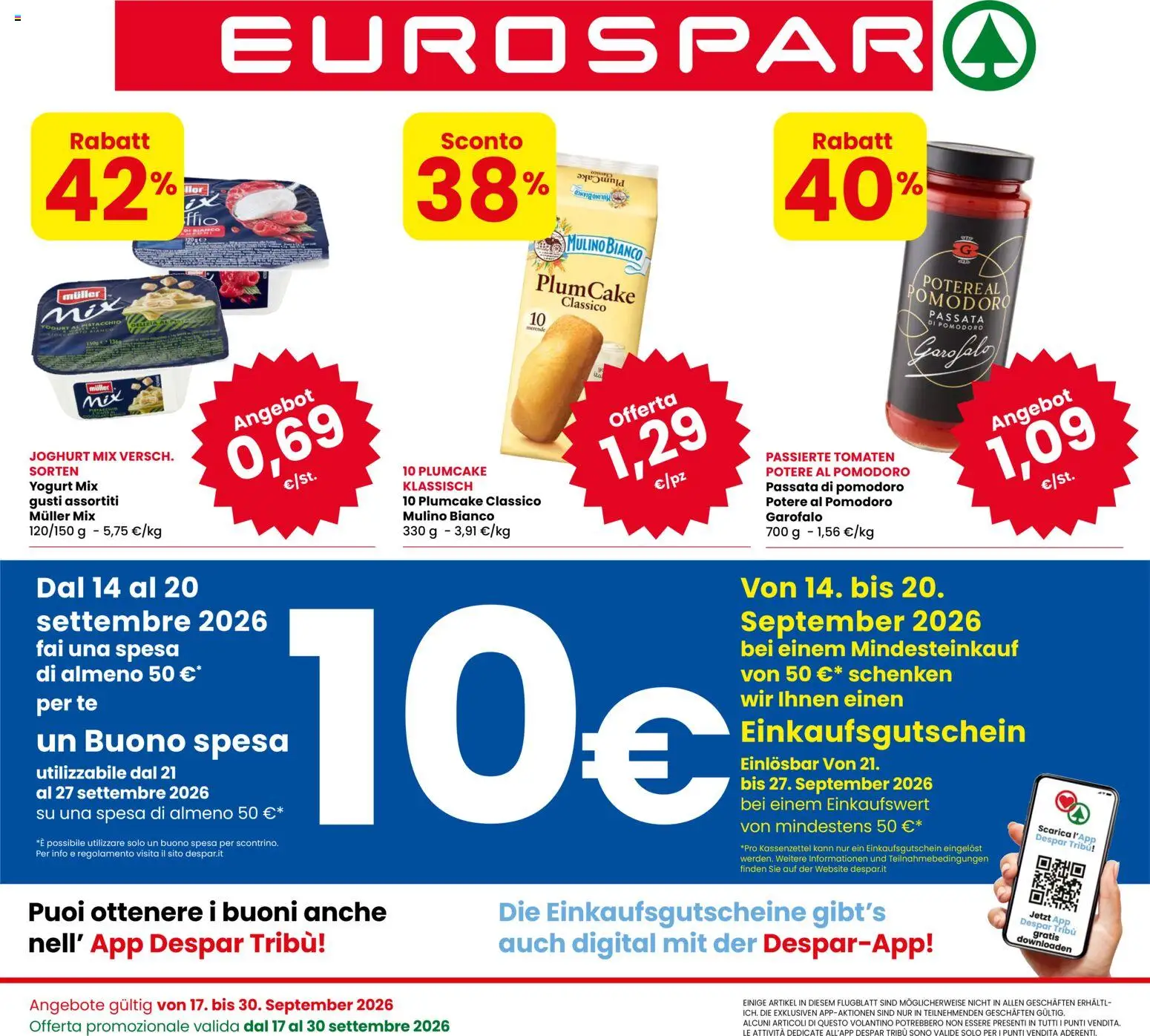 Volantino Eurospar del 17/09/2026 | Pagina: 1 | Prodotti: Tè, Garofalo, Pomodoro, Plumcake
