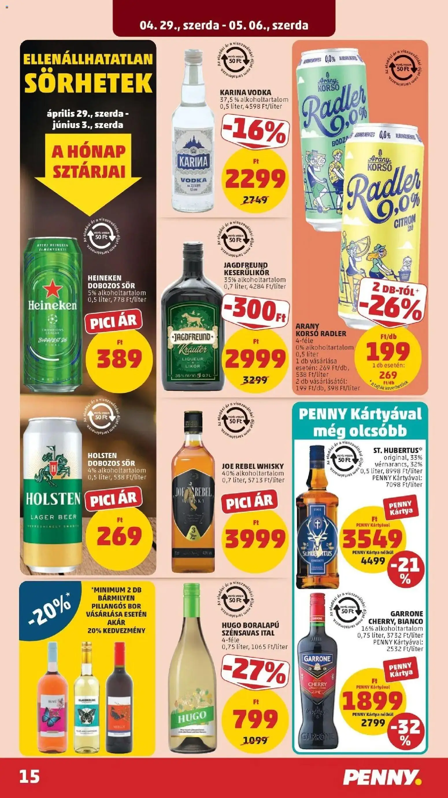 PENNY akciós ujság - amely érvényes a következő dátumtól: 29.04.2026 | Oldal: 15 | Termékek: Radler, Dobozos sör, Bor, Whisky