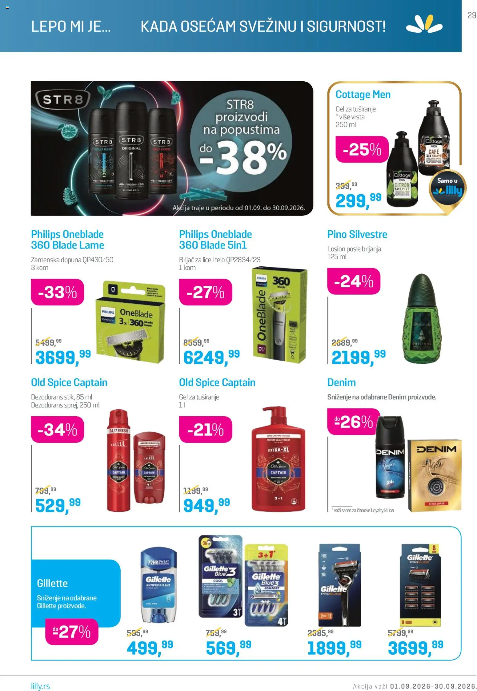 Lilly drogerie katalog - važi od 01.09.2026 | Strana: 29 | Proizvode: Brijač, Losion posle brijanja, Gel za tuširanje, Antiperspirant