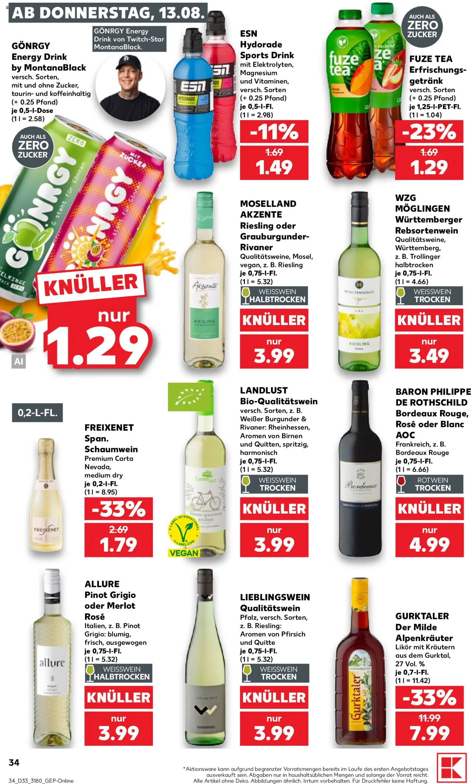 Kaufland Prospekt Leipzig – gültig ab 13.08.2026 | Seite: 34 | Produkte: Energy, Rotwein, Likör, Weißwein halbtrocken