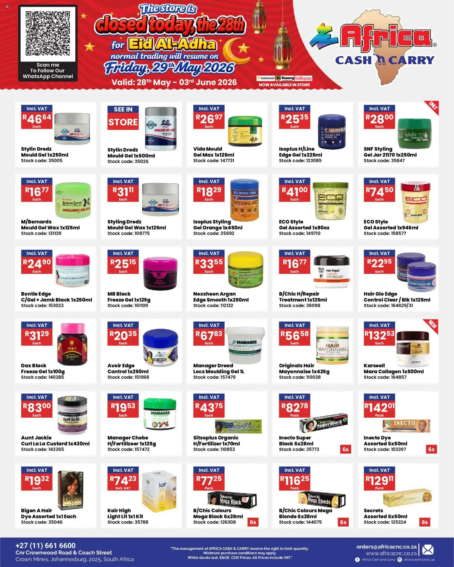 New Africa Cash & Carry catalogue – valid from 28.05.2026 | Page: 5 | Products: Custard, Wax, Light, Stock