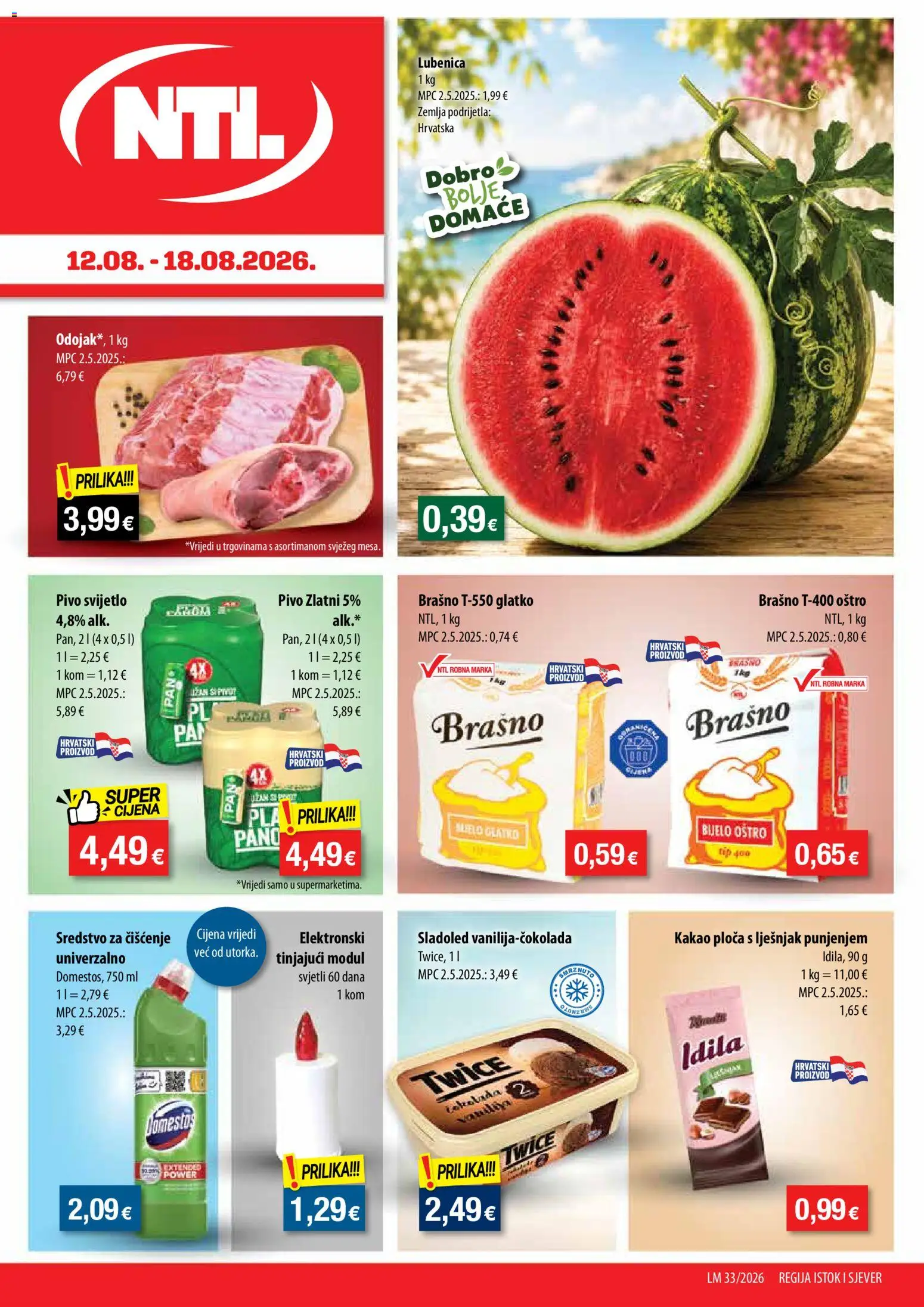 NTL katalog | vrijedi od 12.08.2026 | Stranica: 1 | Proizvodi: Sladoled, Brašno, Domestos, Kakao