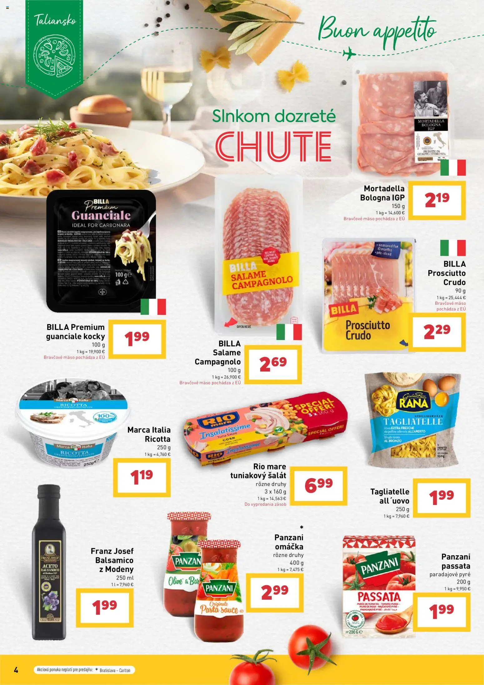 Nové Billa akcie – leták je platný od 29.07.2026 | Strana: 4 | Produkty: Rio Mare, Bravčové mäso, Šalát, Omáčka