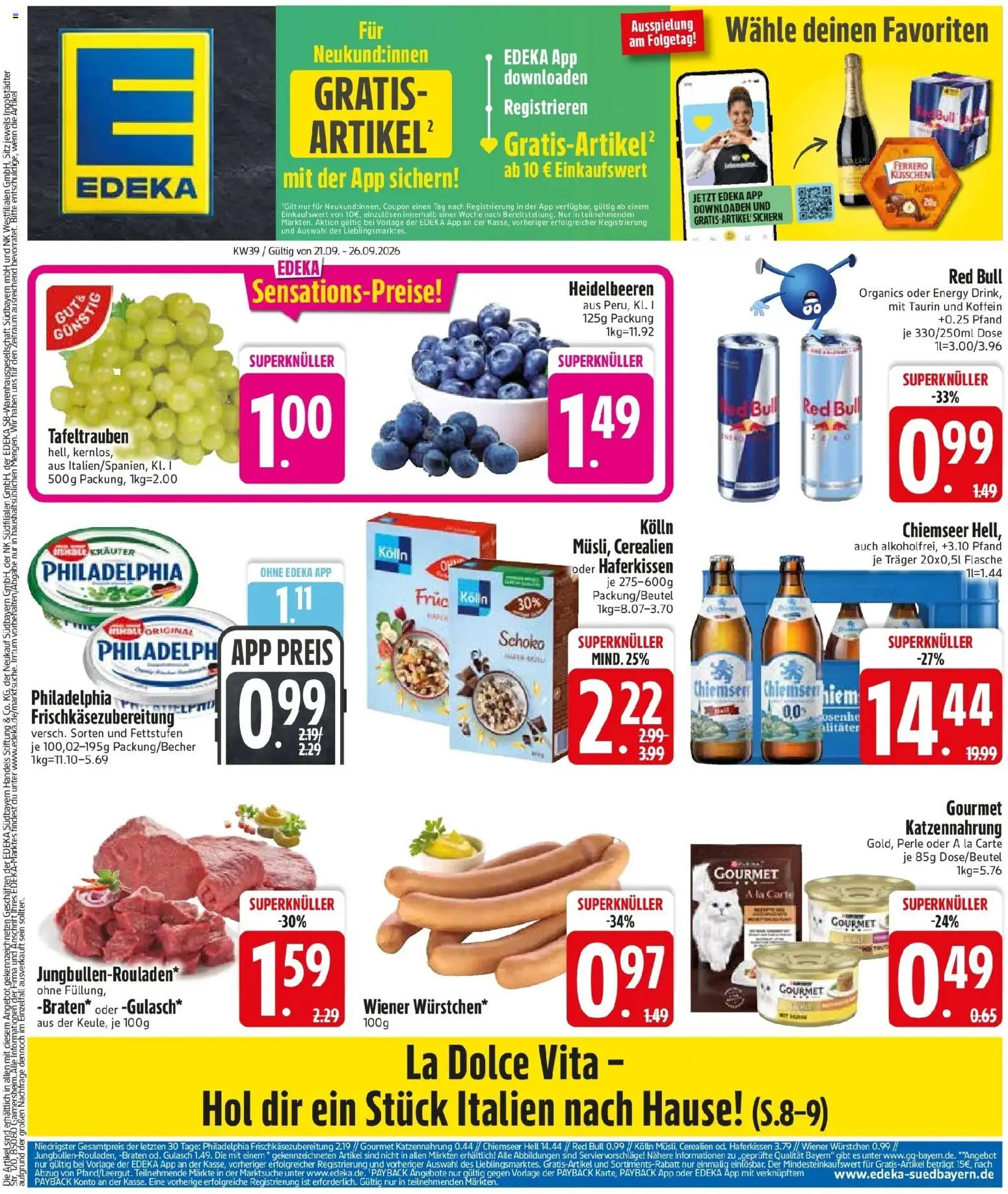 E center Prospekt Vilsbiburg (ab 21.09.2026) zum Blättern | Seite: 3 | Produkte: Wiener wurstchen, Energy, Philadelphia, Heidelbeeren