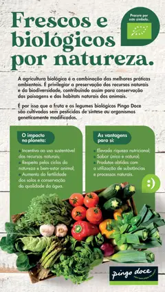Pré-visualização Fruta e os legumes biológicos Pingo Doce, Fruta e os legumes biológicos são cultivados sem pesticidas de síntese ou organismos geneticamente modificados. válido de 20.05.2025 | Página: 38