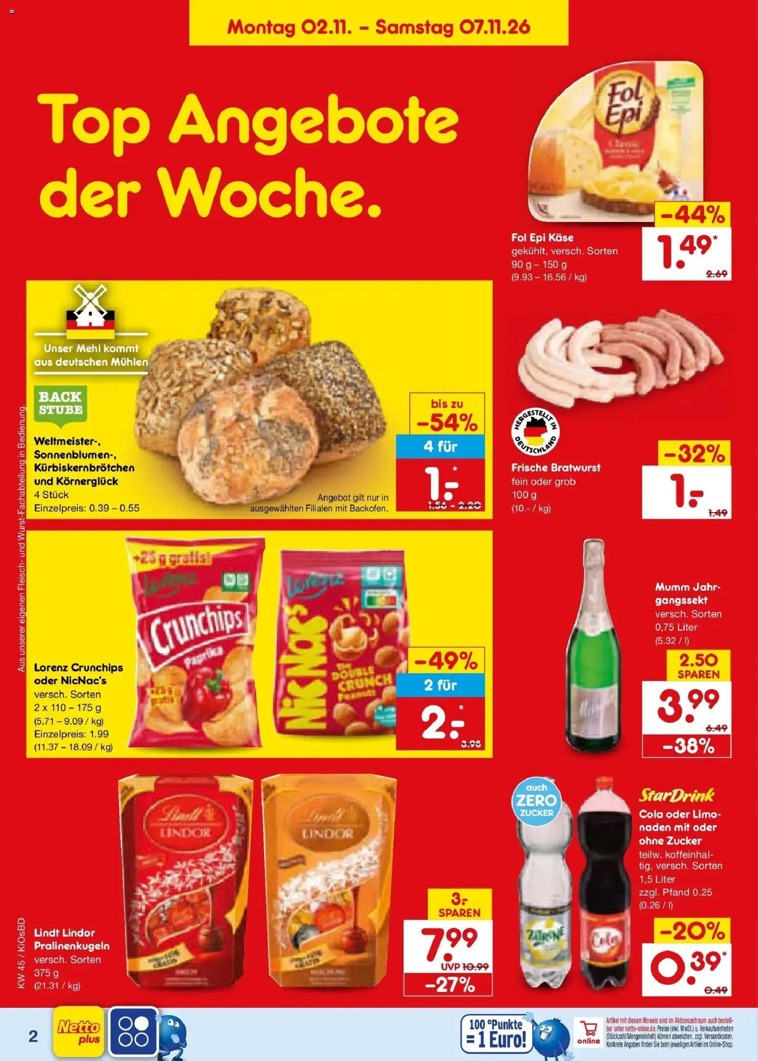Netto Marken-Discount Prospekt Mistelbach – gültig ab 02.11.2026 | Seite: 2 | Produkte: Mehl, Käse, Zucker, Lorenz crunchips