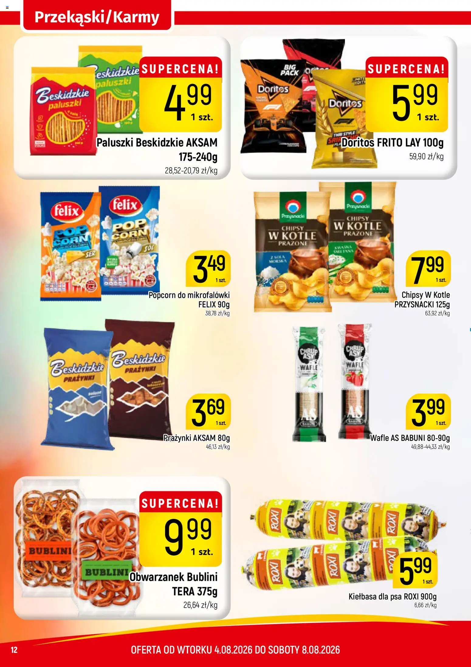 Piotruś Pan gazetka od 04.08.2026 | Strona: 12 | Produkty: Kiełbasa, Chipsy, Wafle, Doritos