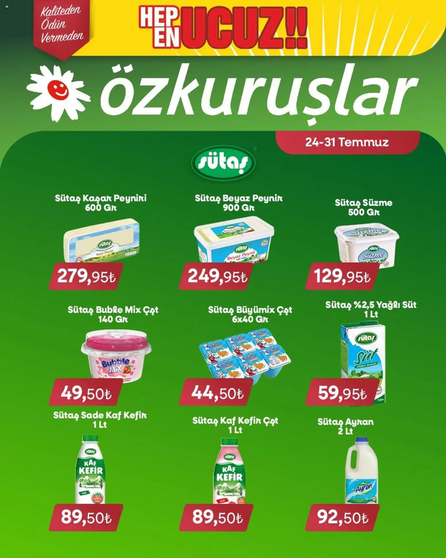 Özkuruşlar İndirim - 24 Temmuz 2026 tarihinden itibaren geçerlidir | Sayfa: 1 | Ürünler: Kefir, Süt, Peynir