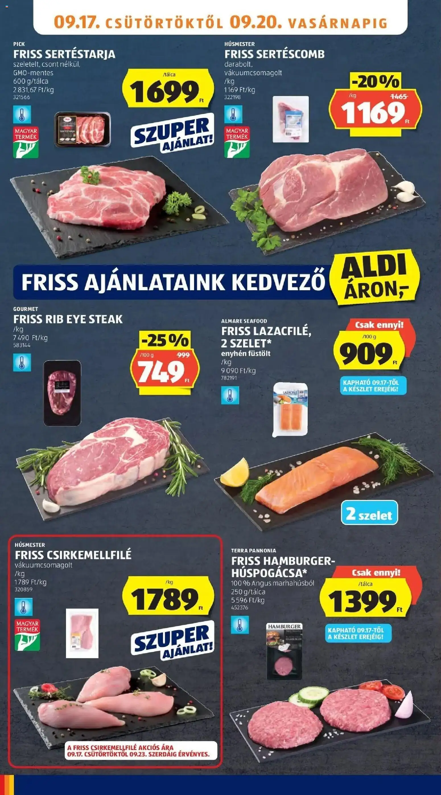 Aldi aktuális akciós újság - 2026.09.17. -tól/töl > akció, lapozható szórólap 🛍️ | Oldal: 6 | Termékek: Sertéstarja, Hamburger, Steak, Csirkemellfilé