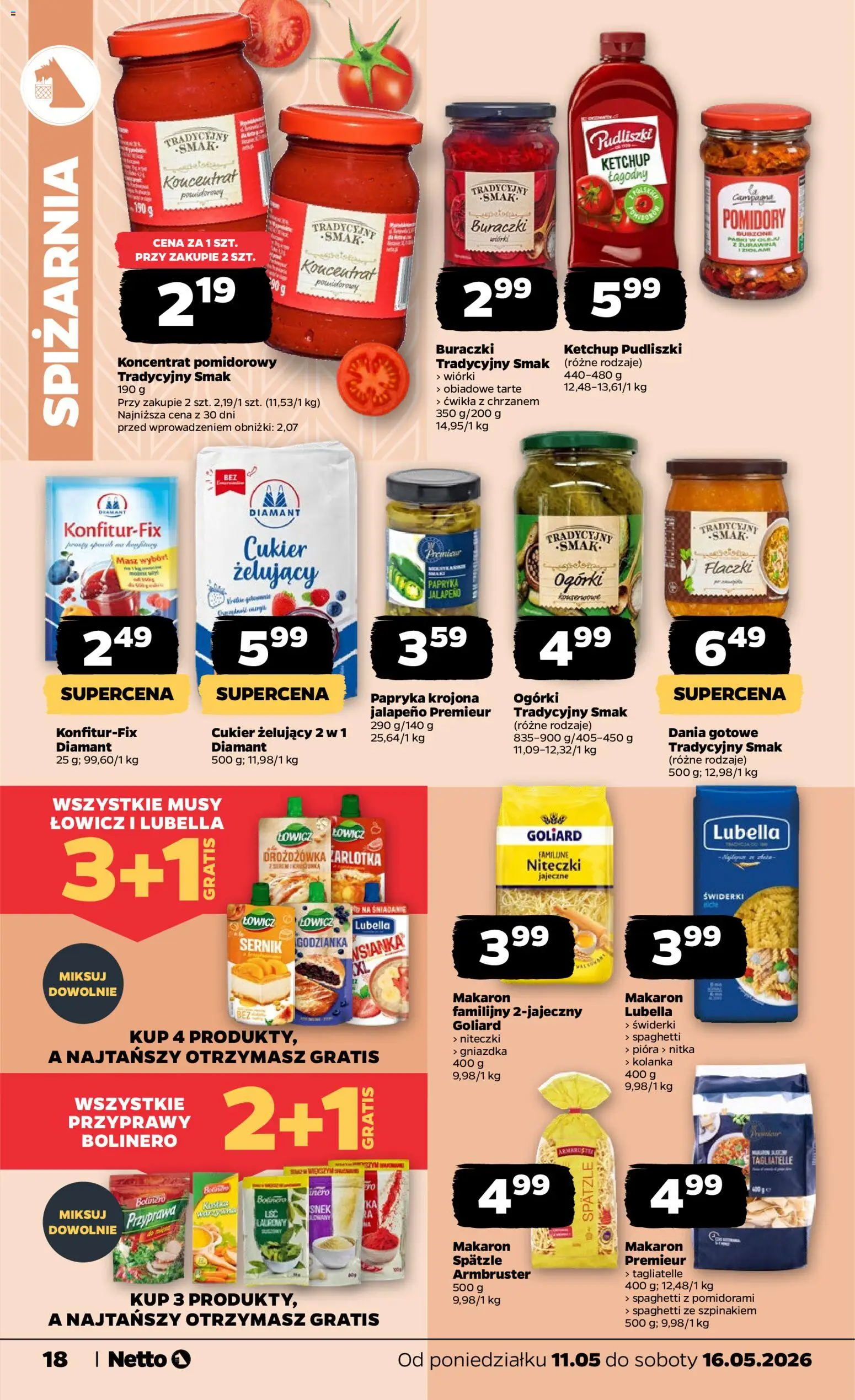 Netto gazetka od poniedziałku spożywcza od 11.05.2026 | Strona: 18 | Produkty: Ketchup, Ketchup pudliszki, Tagliatelle, Dania gotowe