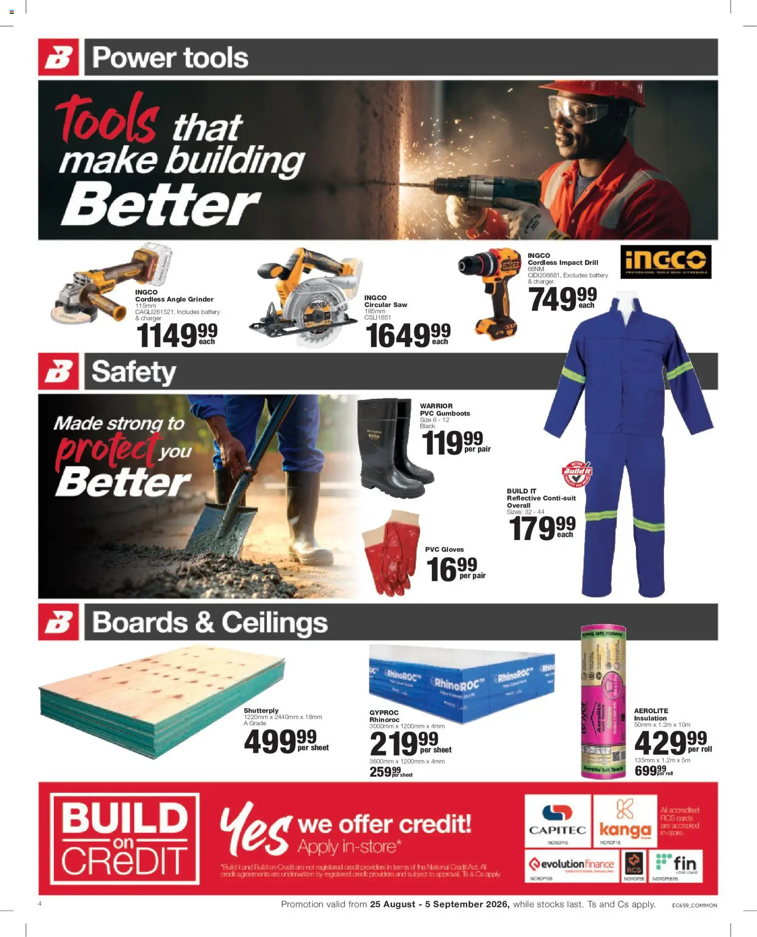New Build It catalogue – valid from 25/08/2026 | Page: 4 | Products: Gloves, Drill, Battery, Angle grinder