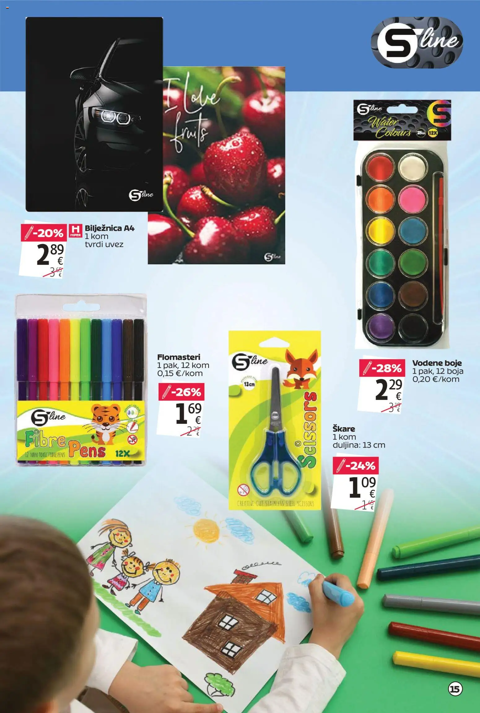 Tommy katalog | vrijedi od 20.08.2026 | Stranica: 15 | Proizvodi: Vodene boje, Škare, Bilježnica, Flomasteri