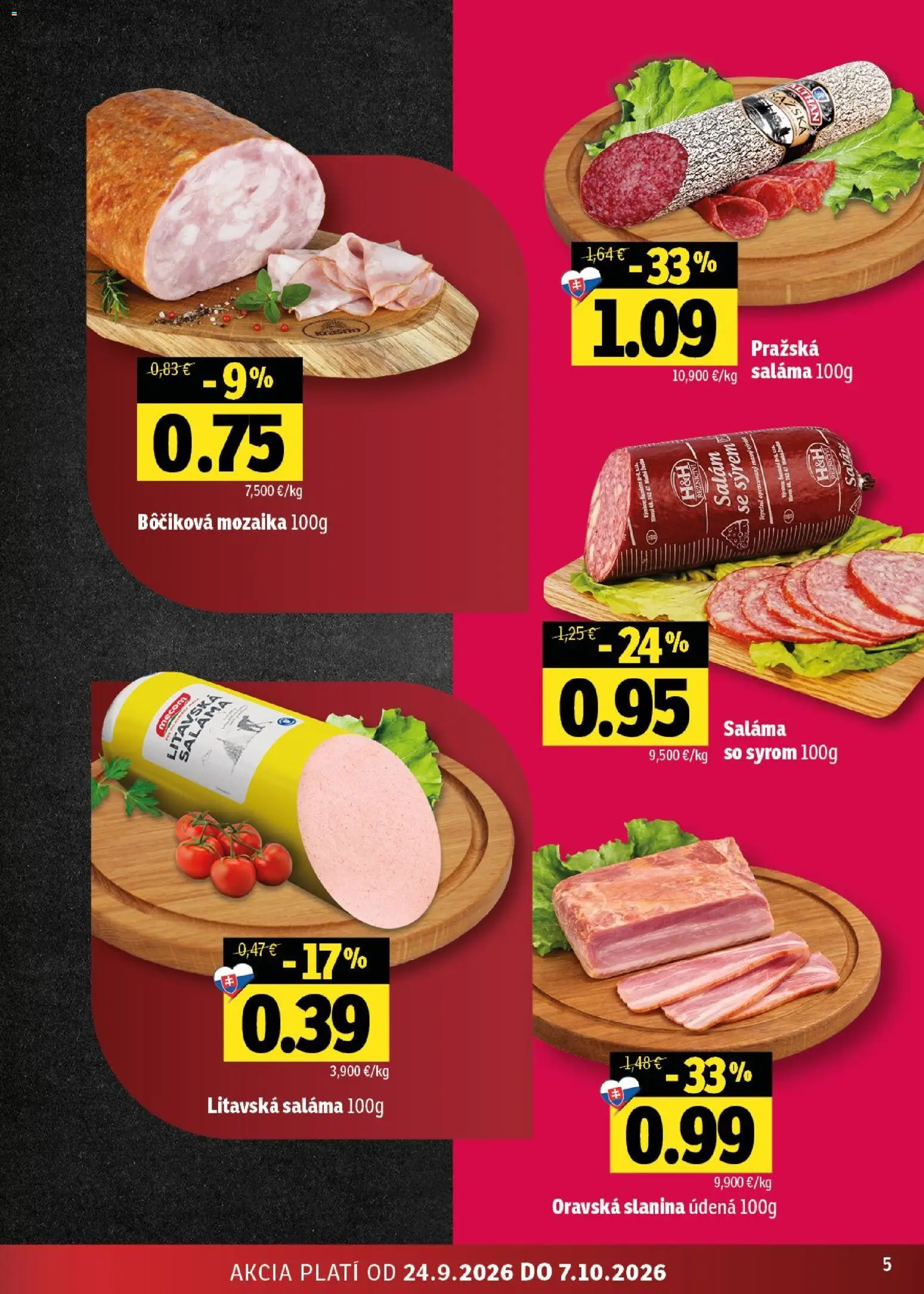Nové Fresh akcie – leták je platný od 24.09.2026 | Strana: 5 | Produkty: Saláma, Slanina