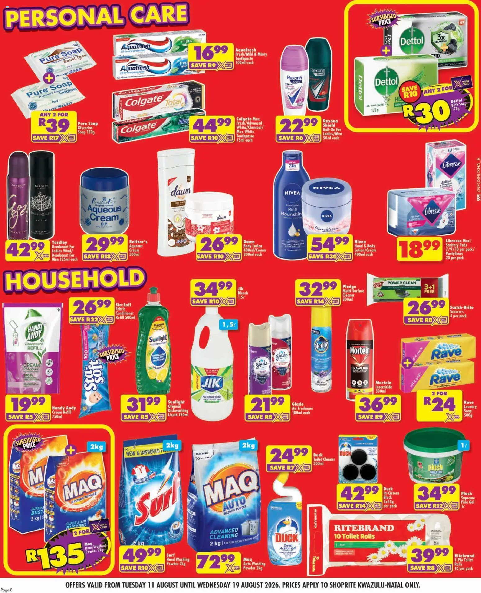 New Shoprite catalogue – valid from 11/08/2026 | Page: 8 | Products: Bleach, Powder, Conditioner, Cream