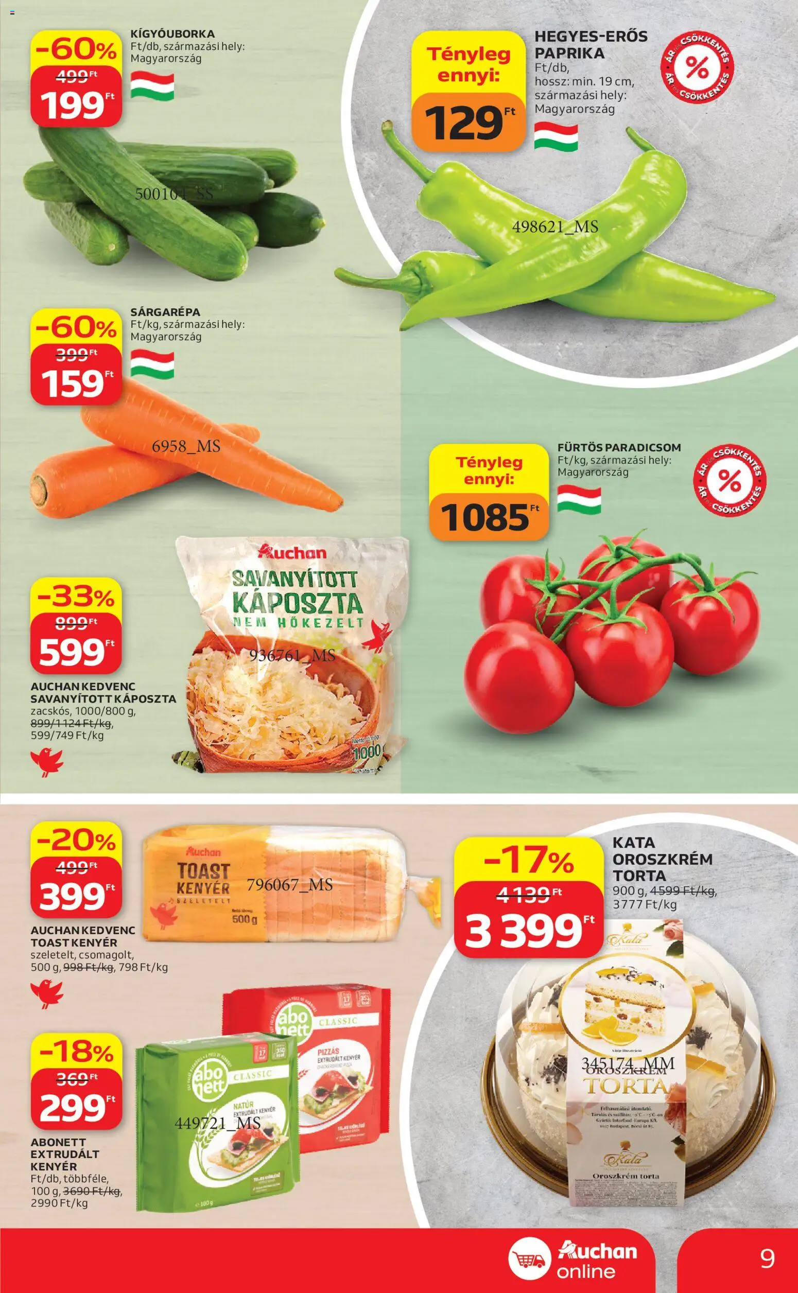 Auchan akciós ujság - amely érvényes a következő dátumtól: 09.04.2026 | Oldal: 9 | Termékek: Káposzta, Kígyóuborka, Paradicsom, Extrudált kenyér
