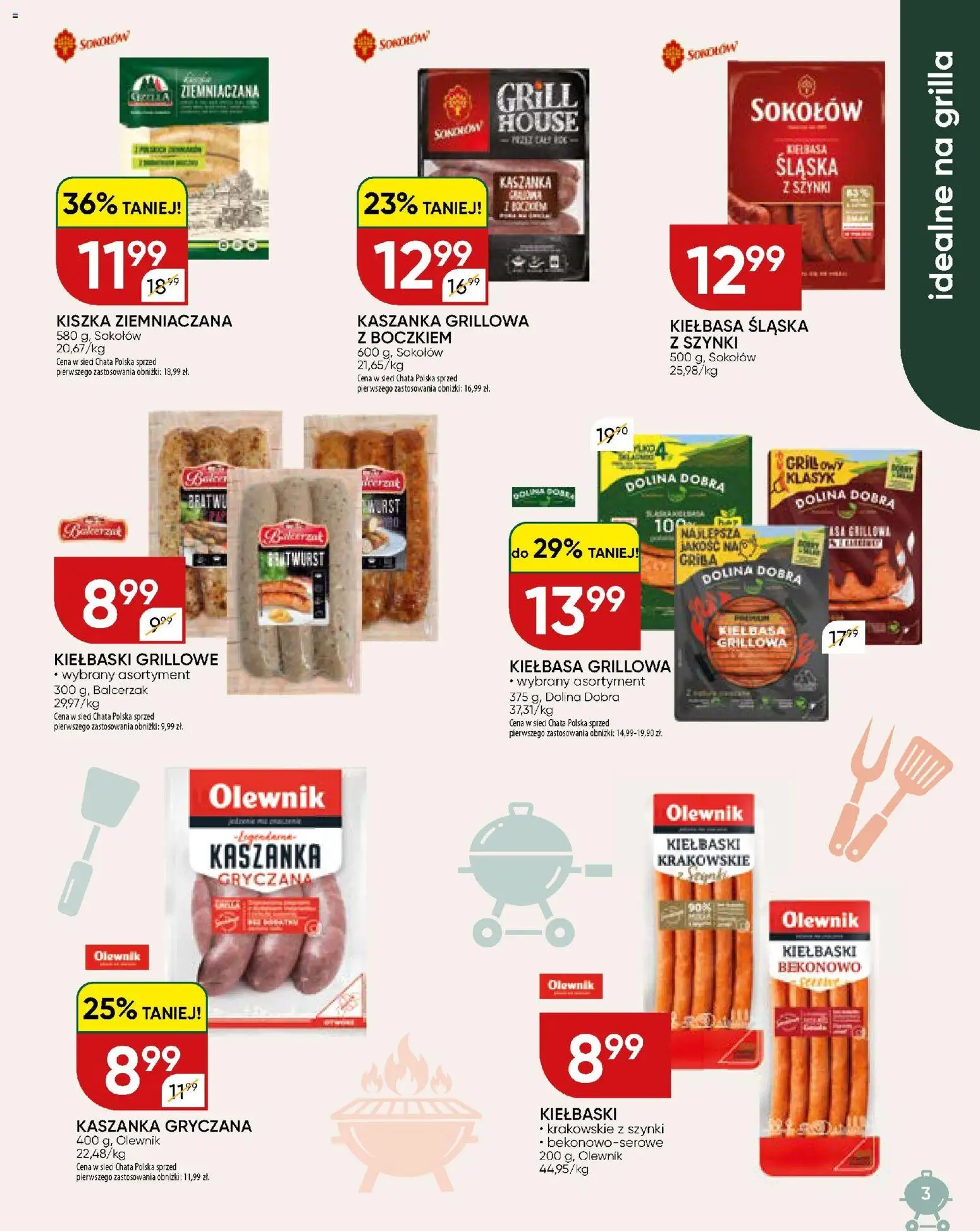 Chata Polska gazetka od 27.04.2026 | Strona: 3 | Produkty: Kiełbasa, Kiszka ziemniaczana, Grill, Kaszanka