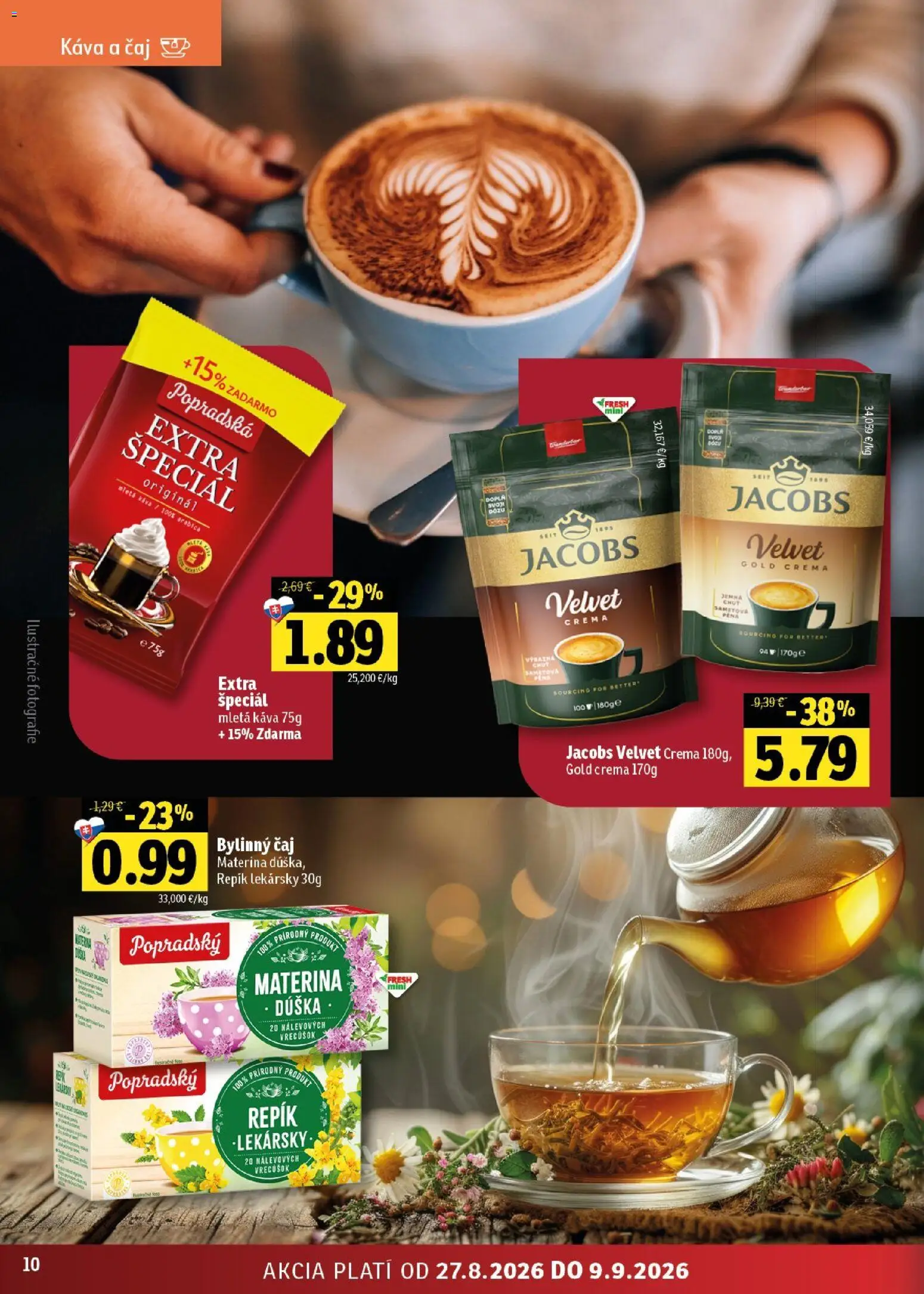 Nové Fresh akcie – leták je platný od 27.08.2026 | Strana: 10 | Produkty: Jacobs Velvet, Káva, Čaj, Mletá káva