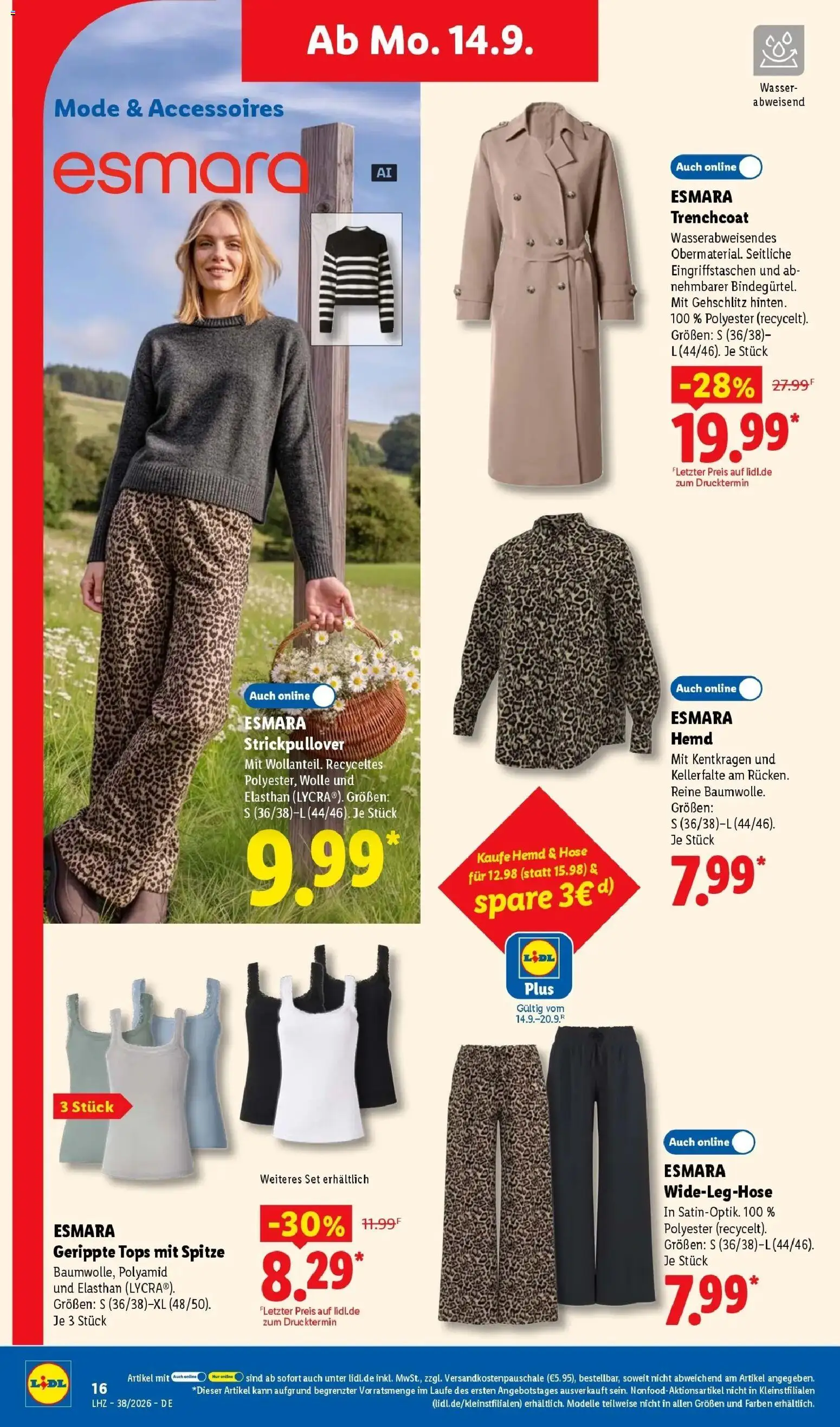 Lidl Prospekt Hagen (ab 14.09.2026) zum Blättern » Angebote | Seite: 34 | Produkte: Shirt, Trenchcoat, Wasser, Hose