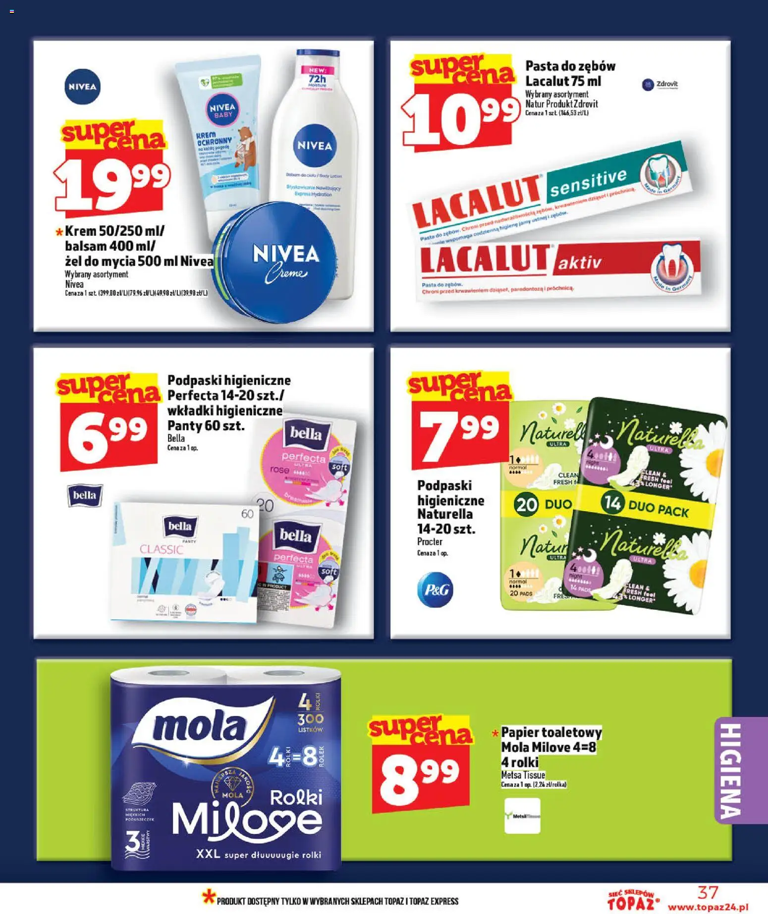 Topaz gazetka - Ceny małe na stałe od 07.05.2026 | Strona: 37 | Produkty: Rolki, Wkładki higieniczne, Lacalut, Pasta do zębów