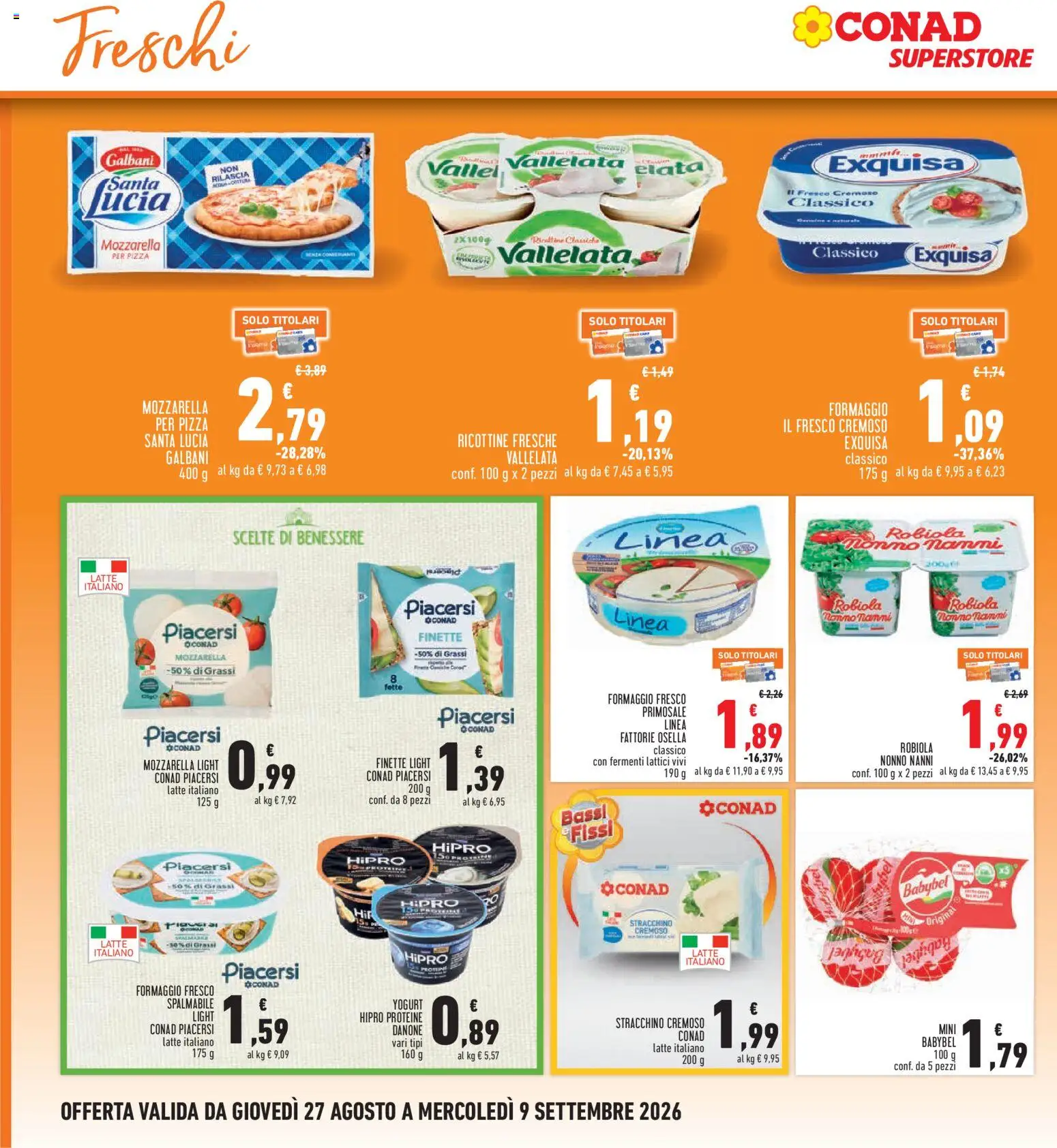 Volantino Conad del 27/08/2026 | Pagina: 14 | Prodotti: Pizza, Latte, Ricotta, Formaggio fresco