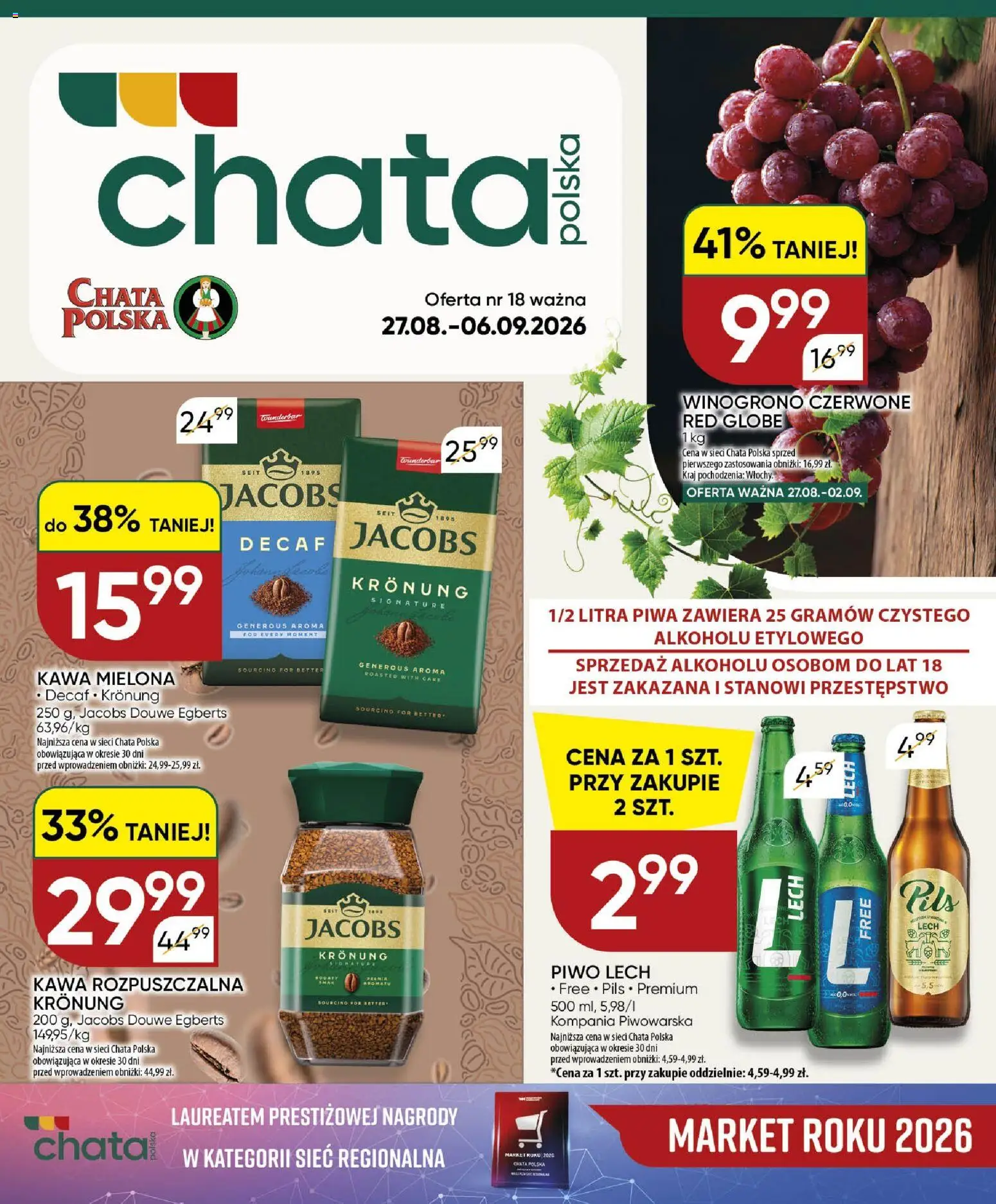 Chata Polska gazetka od 27.08.2026 | Strona: 1 | Produkty: Winogrono, Lech, Kawa, Piwo