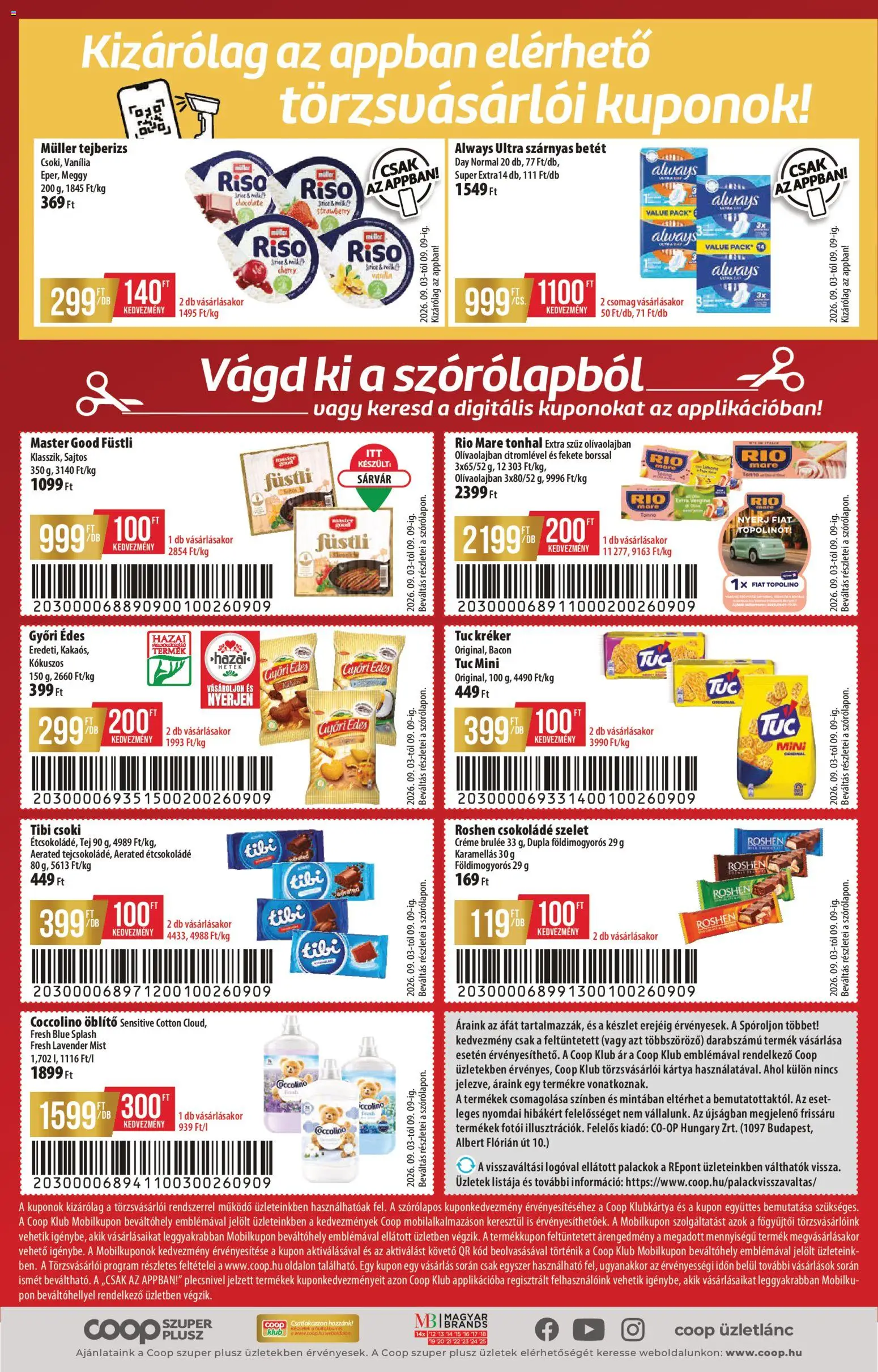 COOP akciós ujság - amely érvényes a következő dátumtól: 2026.09.03. | Oldal: 16 | Termékek: Coccolino, Szelet, Bacon, Always