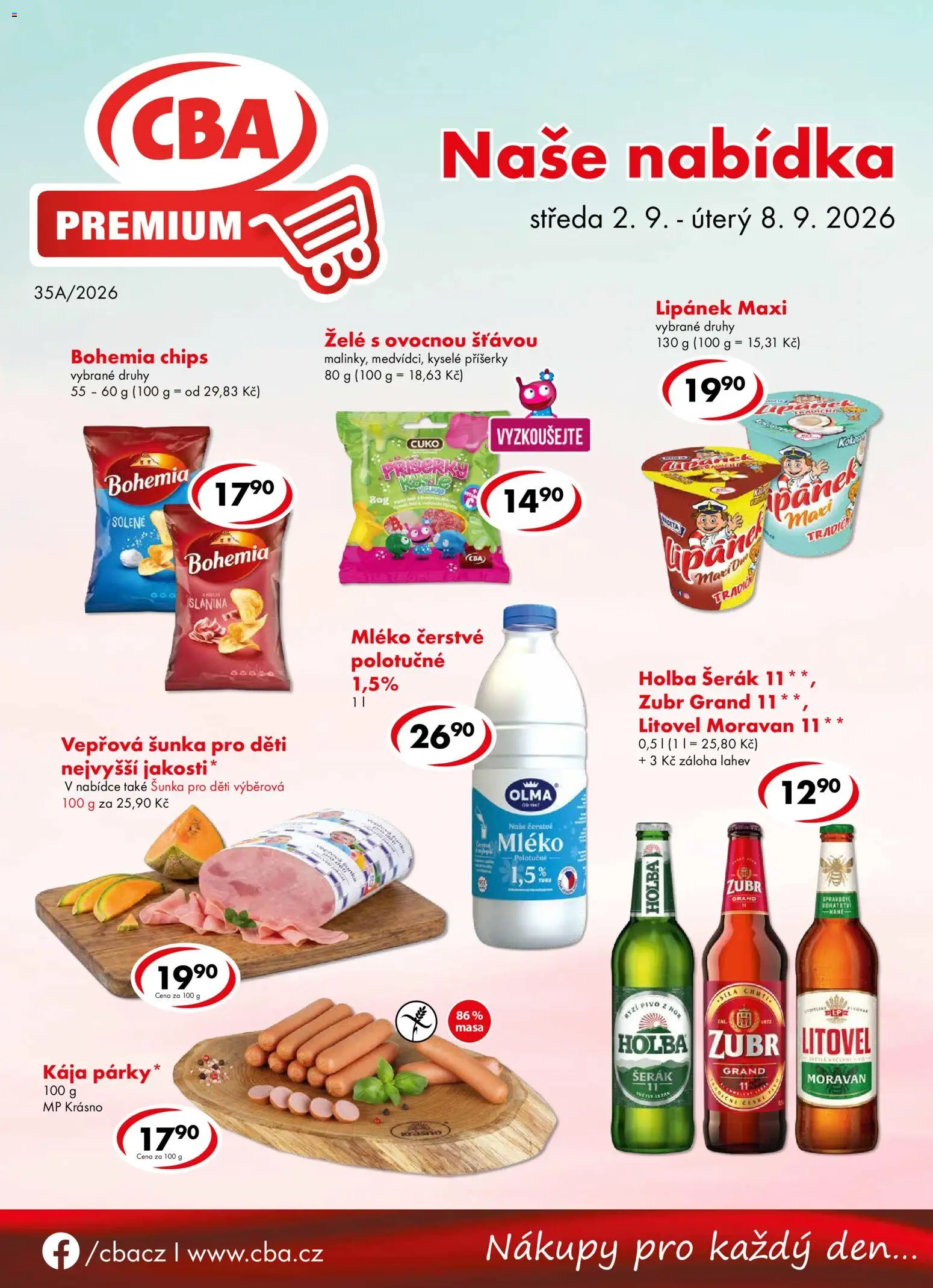 CBA leták - Premium od 02.09.2026 | Strana: 1 | Produkty: Mléko polotučné, Šunka, Bohemia chips, Láhev