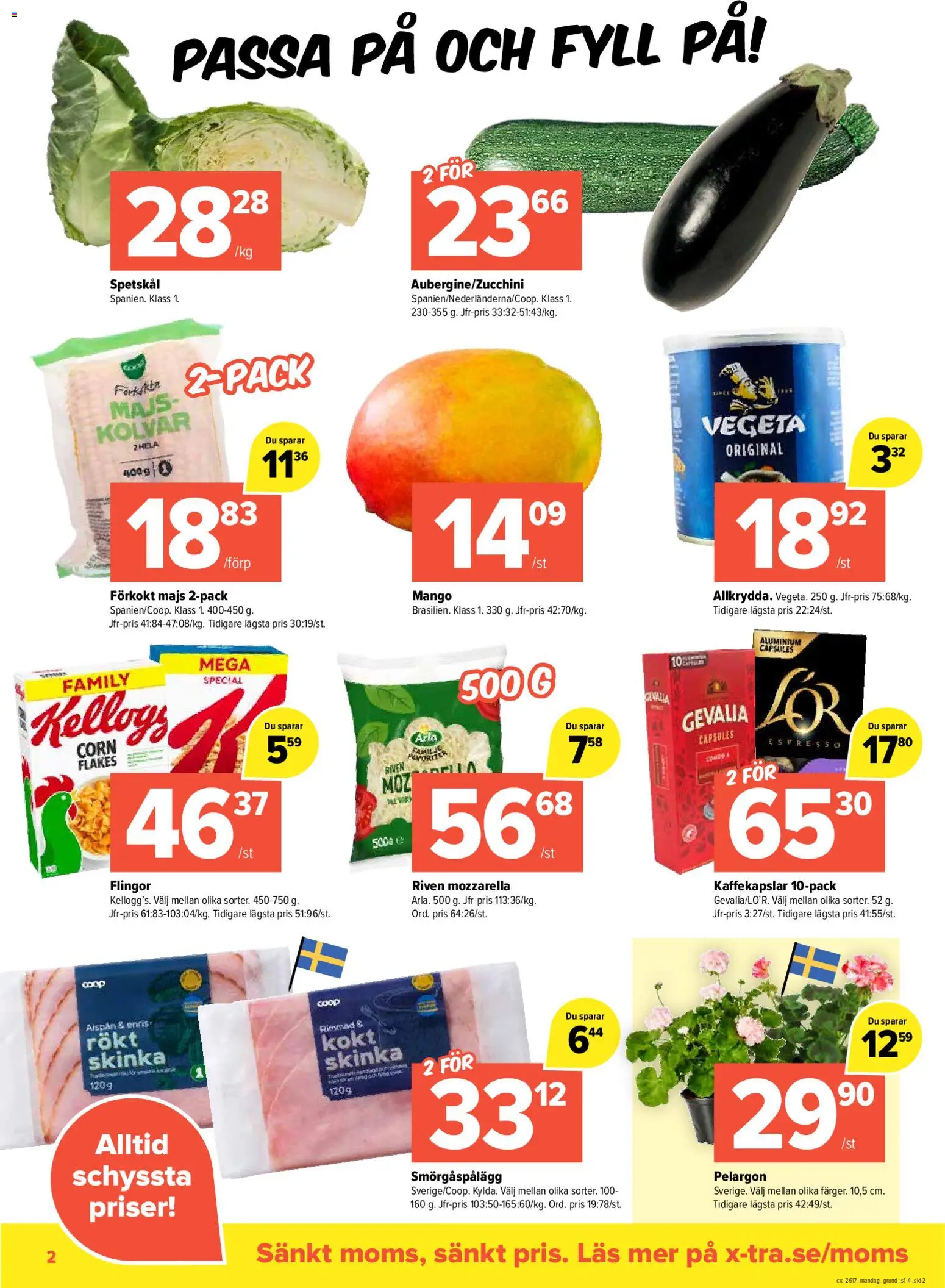 Coop X:-TRA reklamblad aktuell från 20.04.2026 | Sida: 2 | Produkter: Pelargon, Smörgåspålägg, Skinka, Flingor
