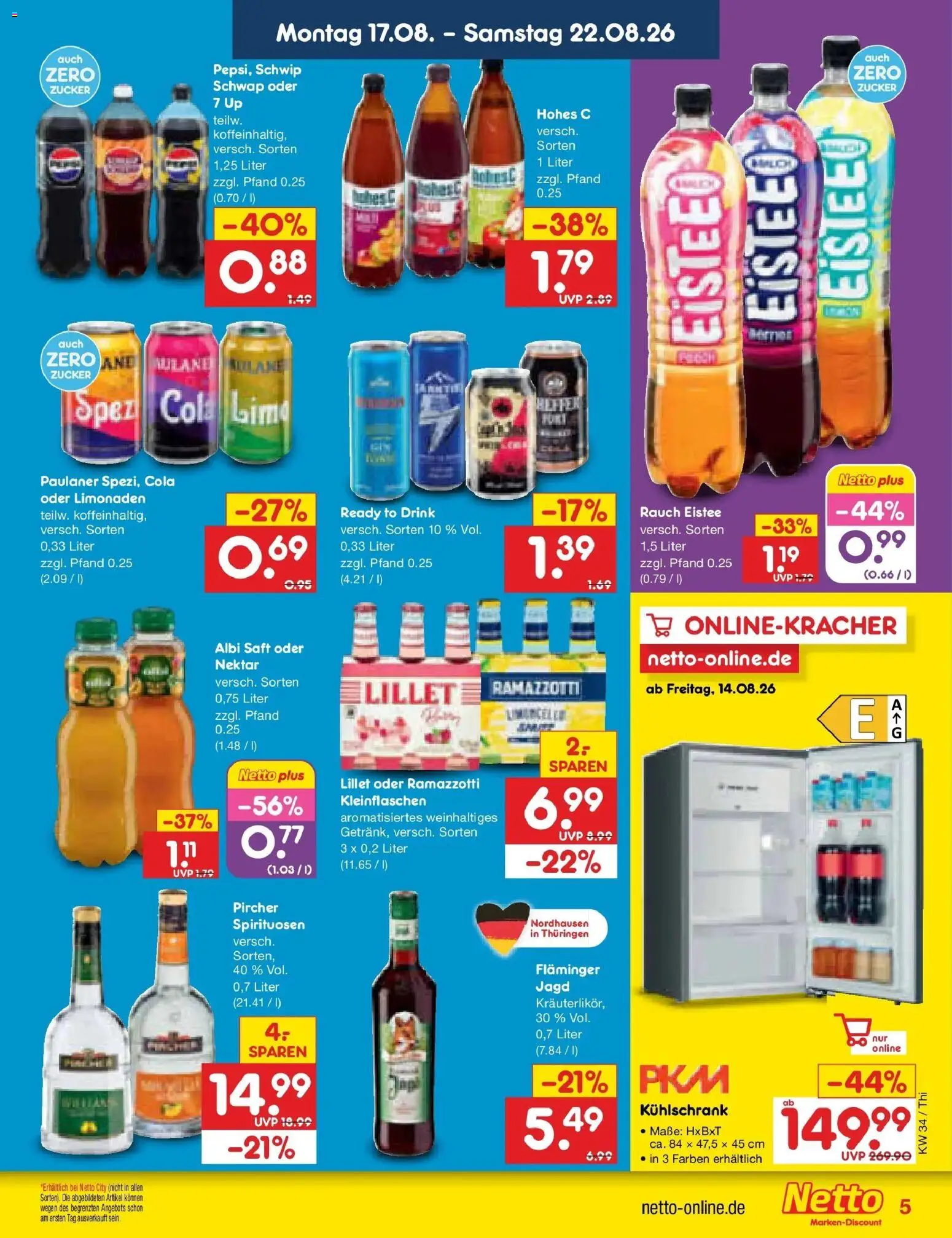 Netto Marken-Discount Prospekt Thiendorf – gültig ab 17.08.2026 | Seite: 7 | Produkte: Kühlschrank, Lillet, Zucker, Paulaner