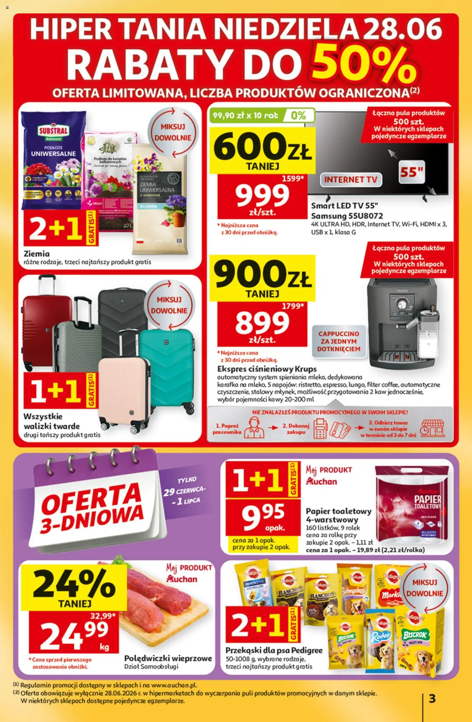 Auchan gazetka - 30 Lat Hipermarket od 25.06.2026 | Strona: 3 | Produkty: Papier toaletowy, Ekspres ciśnieniowy, Polędwiczki wieprzowe, Walizki