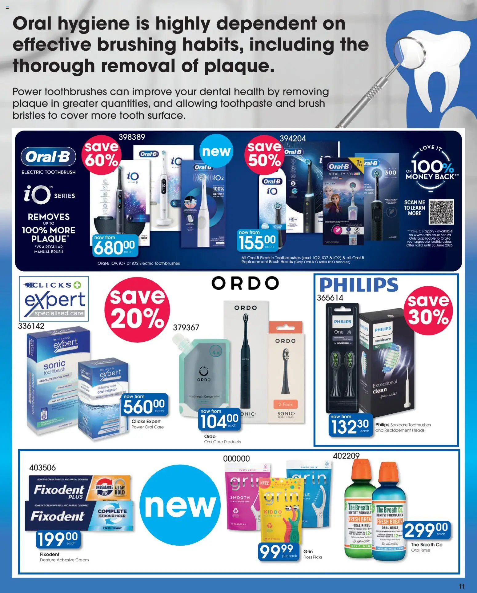 New Clicks catalogue – valid from 11.03.2026 | Page: 11 | Products: Electric toothbrush, Adhesive, Toothpaste, Peach